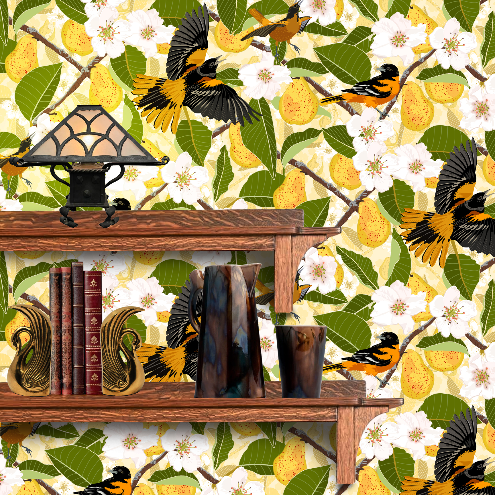 The artwork showcases a vibrant and detailed pattern featuring three orange and black birds set against a backdrop of yellow pears, green leaves, and white blossoms. The birds are depicted in different poses: one perched on a branch, one in mid-flight with wings spread, and another near a pear. The rich colors and intricate details of the feathers, fruits, and flowers create a lively and harmonious composition. The overall style combines naturalistic elements with a decorative, repeating design, highlighting the beauty of nature with emphasis on bold contrasts and vivid hues.The wallpaper design is shown behind a Mission style shelf.