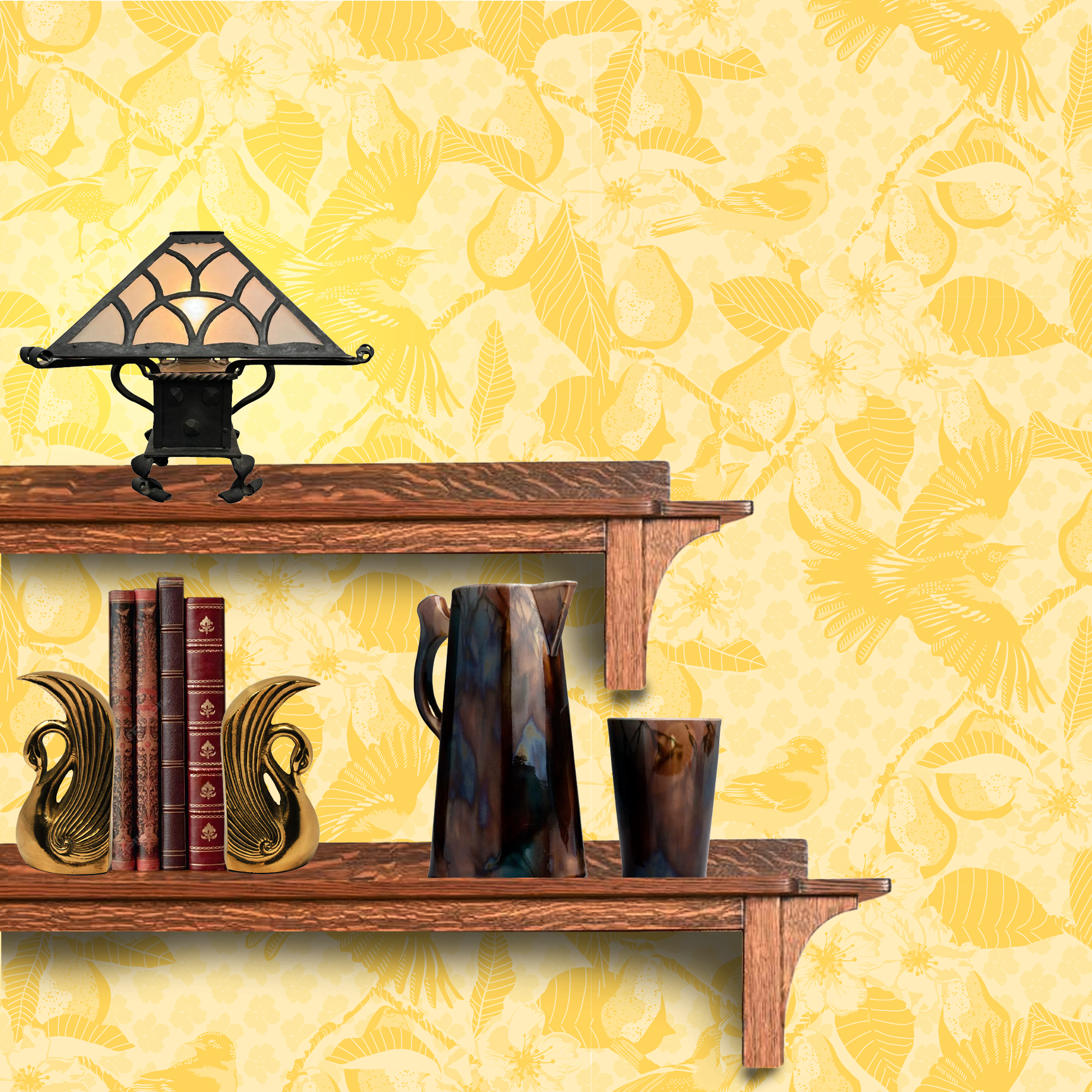 The artwork showcases a vibrant and detailed pattern featuring three orange and black birds set against a backdrop of yellow pears, green leaves, and white blossoms. The birds are depicted in different poses: one perched on a branch, one in mid-flight with wings spread, and another near a pear. The rich colors and intricate details of the feathers, fruits, and flowers create a lively and harmonious composition. The overall style combines naturalistic elements with a decorative, repeating design, highlighting the beauty of nature with emphasis on bold contrasts and vivid hues.The wallpaper design is shown behind a Mission style shelf.