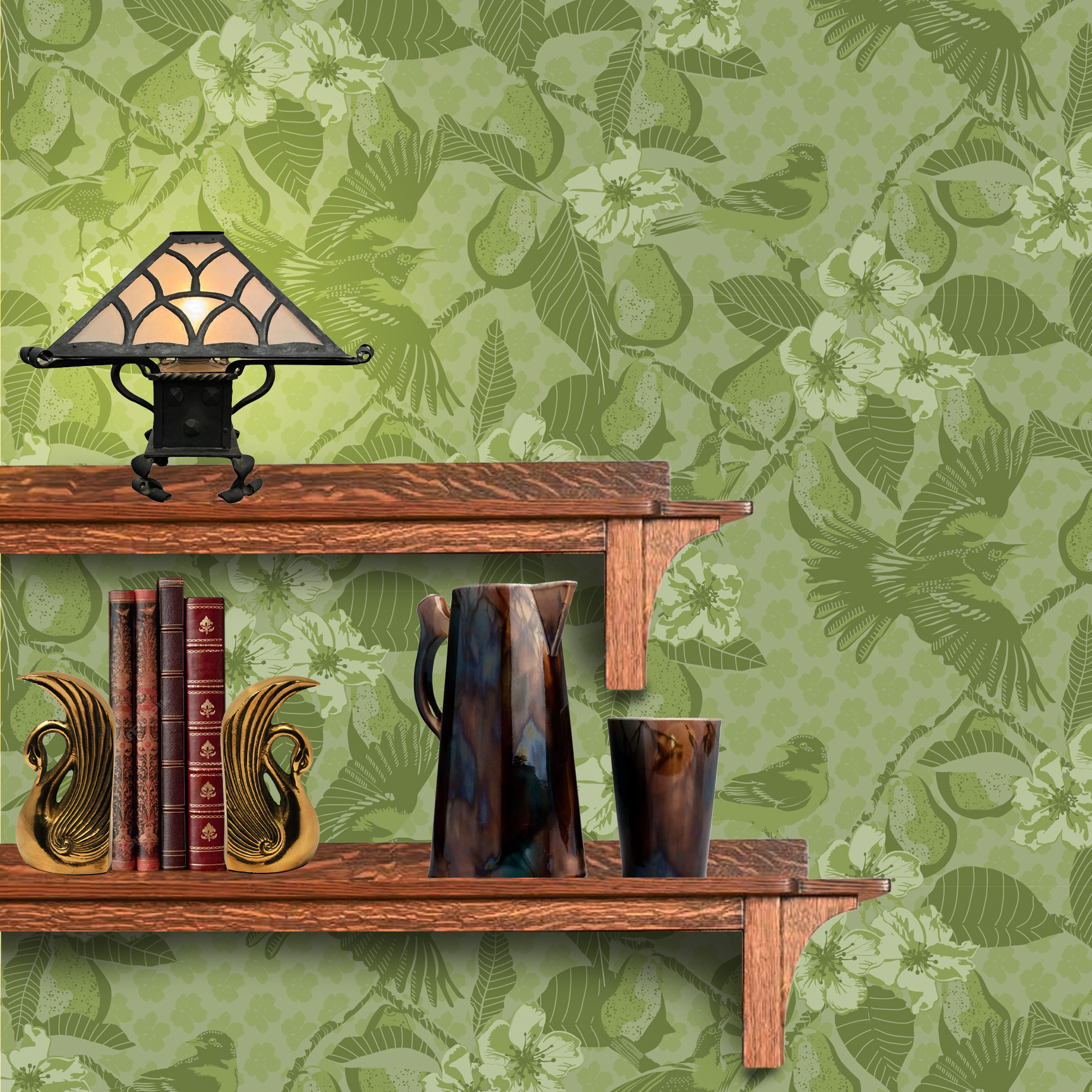 The artwork showcases a vibrant and detailed pattern featuring three orange and black birds set against a backdrop of yellow pears, green leaves, and white blossoms. The birds are depicted in different poses: one perched on a branch, one in mid-flight with wings spread, and another near a pear. The rich colors and intricate details of the feathers, fruits, and flowers create a lively and harmonious composition. The overall style combines naturalistic elements with a decorative, repeating design, highlighting the beauty of nature with emphasis on bold contrasts and vivid hues.The wallpaper design is shown behind a Mission style shelf.