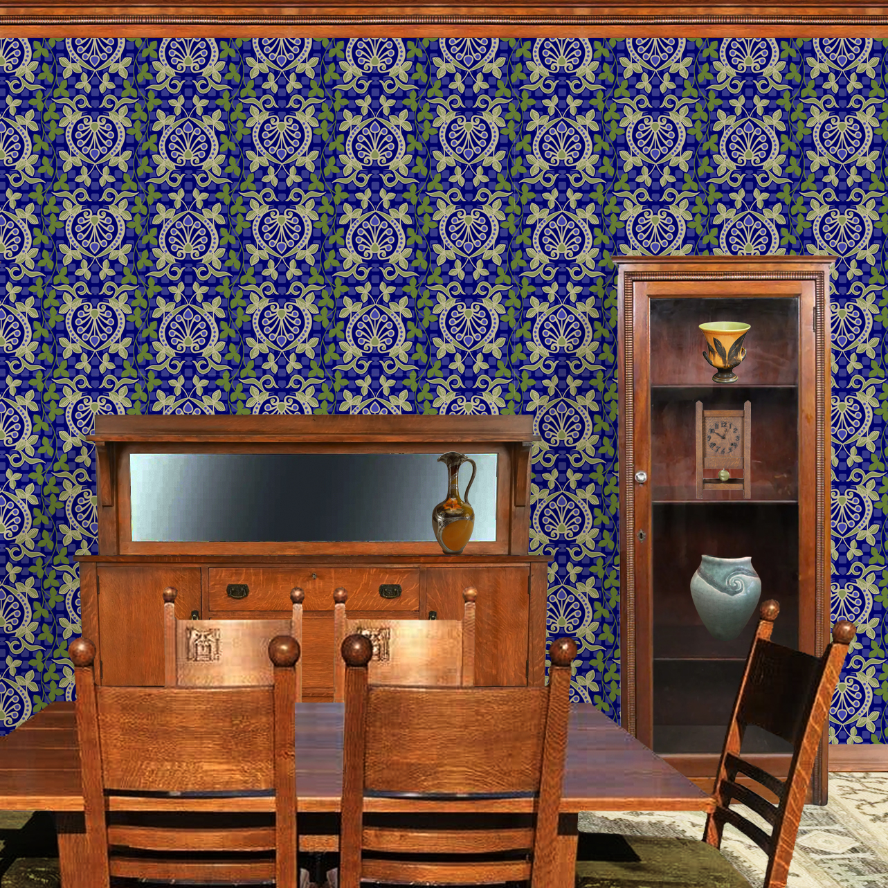 Pomegranate is a seamless repeating pattern featuring stylized heart-shaped floral motifs. Each motif has a central symmetrical design with curling tendrils and small circular shapes radiating from a rounded base. Surrounding these heart-shaped forms are pale green leaves and vines that interlock smoothly, creating an intricate lattice effect. The background is a deep blue, enriched by a subtle checkerboard texture that adds depth and contrast. The overall composition is balanced and harmonious, with elegant curves and a vintage aesthetic reminiscent of traditional textile designs. The dominant colors are dark blue, olive green, and muted beige, highlighting the natural and ornamental qualities of the pattern. The wallpaper design is shown in a Mission style dining room.