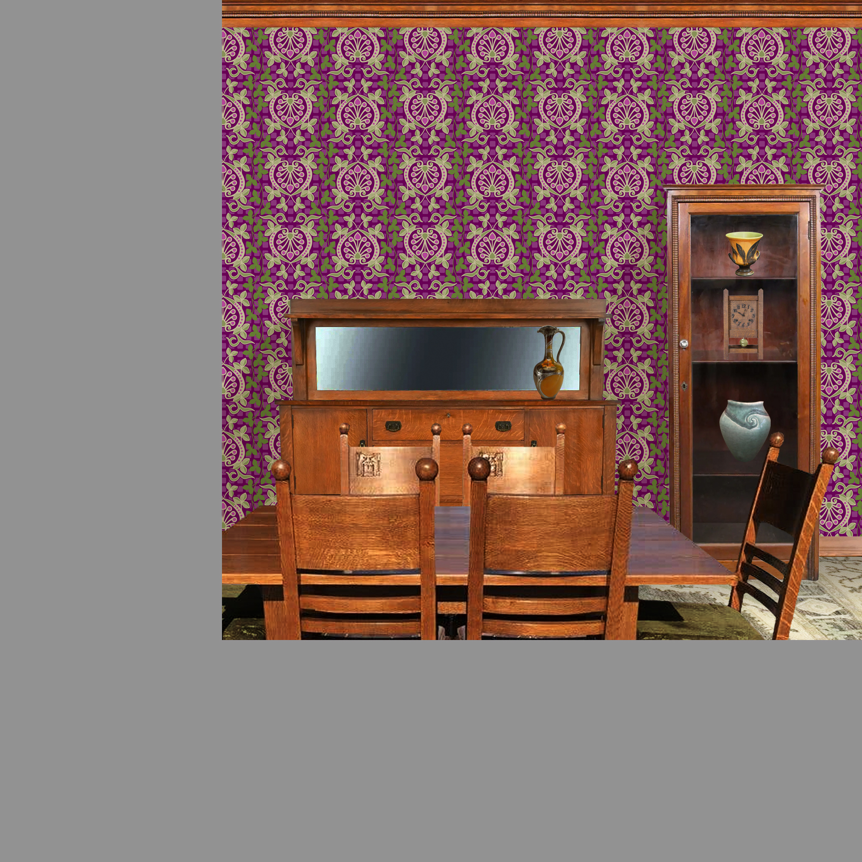 Pomegranate is a seamless repeating pattern featuring stylized heart-shaped floral motifs. Each motif has a central symmetrical design with curling tendrils and small circular shapes radiating from a rounded base. Surrounding these heart-shaped forms are pale green leaves and vines that interlock smoothly, creating an intricate lattice effect. The background is a deep blue, enriched by a subtle checkerboard texture that adds depth and contrast. The overall composition is balanced and harmonious, with elegant curves and a vintage aesthetic reminiscent of traditional textile designs. The dominant colors are dark blue, olive green, and muted beige, highlighting the natural and ornamental qualities of the pattern. The wallpaper design is shown in a Mission style dining room.