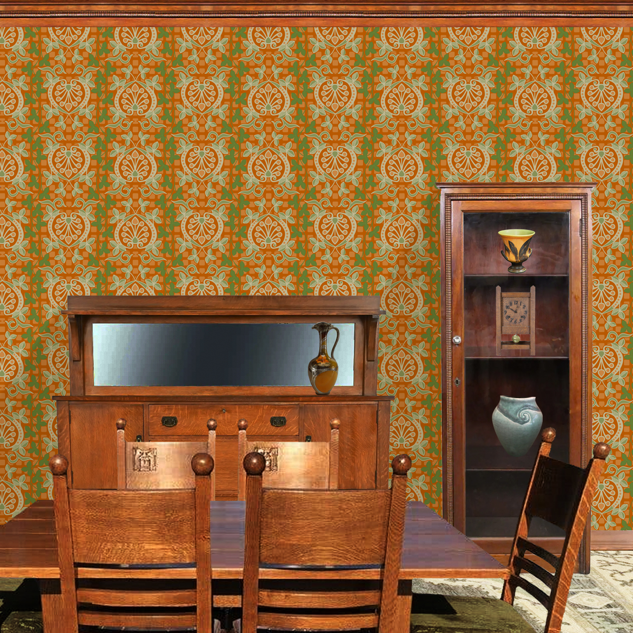 Pomegranate is a seamless repeating pattern featuring stylized heart-shaped floral motifs. Each motif has a central symmetrical design with curling tendrils and small circular shapes radiating from a rounded base. Surrounding these heart-shaped forms are pale green leaves and vines that interlock smoothly, creating an intricate lattice effect. The background is a deep blue, enriched by a subtle checkerboard texture that adds depth and contrast. The overall composition is balanced and harmonious, with elegant curves and a vintage aesthetic reminiscent of traditional textile designs. The dominant colors are dark blue, olive green, and muted beige, highlighting the natural and ornamental qualities of the pattern. The wallpaper design is shown in a Mission style dining room.