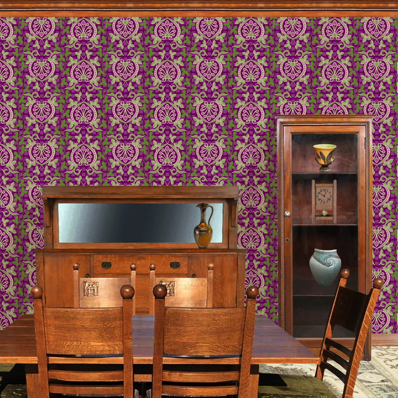 Pomegranate is a seamless repeating pattern featuring stylized heart-shaped floral motifs. Each motif has a central symmetrical design with curling tendrils and small circular shapes radiating from a rounded base. Surrounding these heart-shaped forms are pale green leaves and vines that interlock smoothly, creating an intricate lattice effect. The background is a deep blue, enriched by a subtle checkerboard texture that adds depth and contrast. The overall composition is balanced and harmonious, with elegant curves and a vintage aesthetic reminiscent of traditional textile designs. The dominant colors are dark blue, olive green, and muted beige, highlighting the natural and ornamental qualities of the pattern. The wallpaper design is shown in a Mission style dining room.