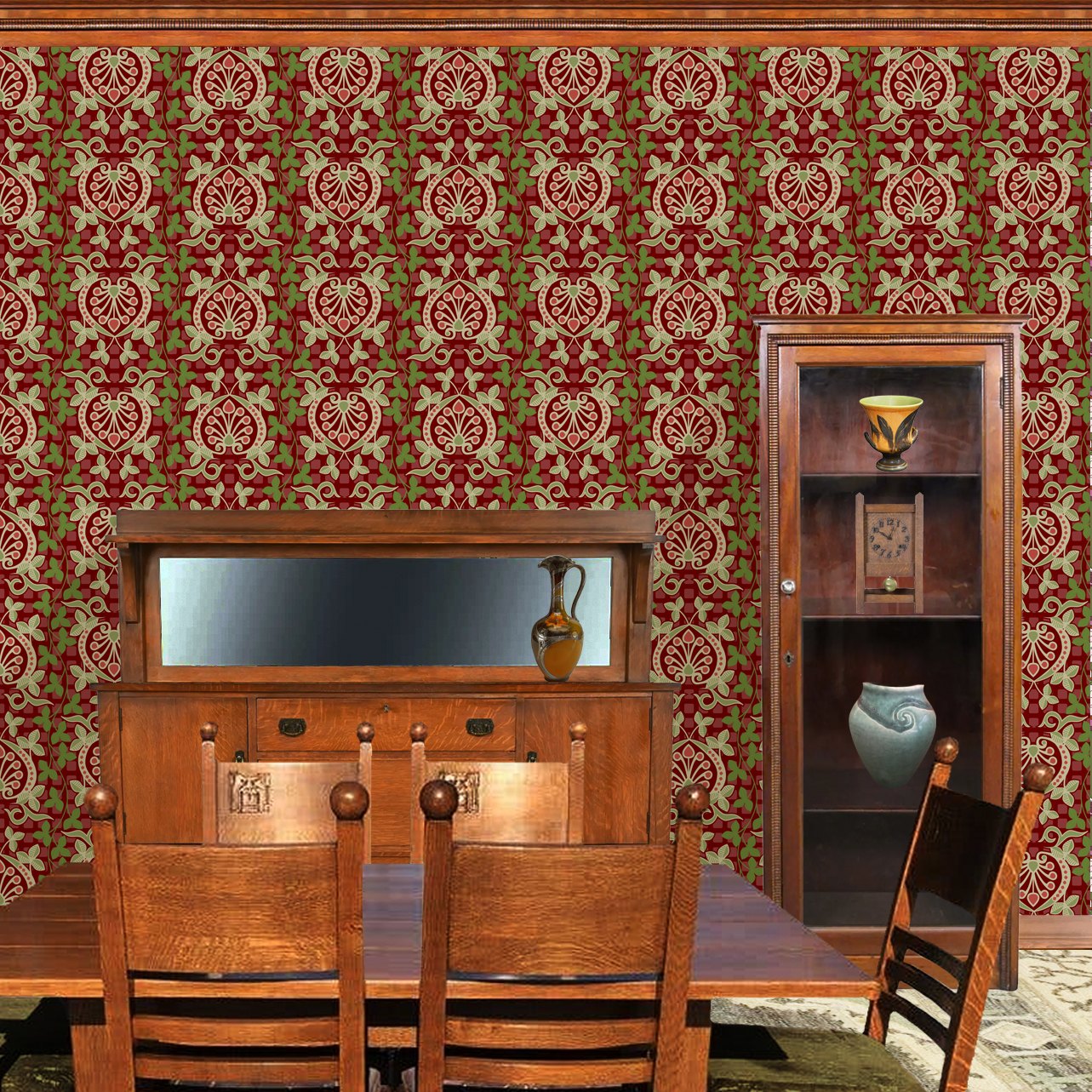 Pomegranate is a seamless repeating pattern featuring stylized heart-shaped floral motifs. Each motif has a central symmetrical design with curling tendrils and small circular shapes radiating from a rounded base. Surrounding these heart-shaped forms are pale green leaves and vines that interlock smoothly, creating an intricate lattice effect. The background is a deep blue, enriched by a subtle checkerboard texture that adds depth and contrast. The overall composition is balanced and harmonious, with elegant curves and a vintage aesthetic reminiscent of traditional textile designs. The dominant colors are dark blue, olive green, and muted beige, highlighting the natural and ornamental qualities of the pattern. The wallpaper design is shown in a Mission style dining room.