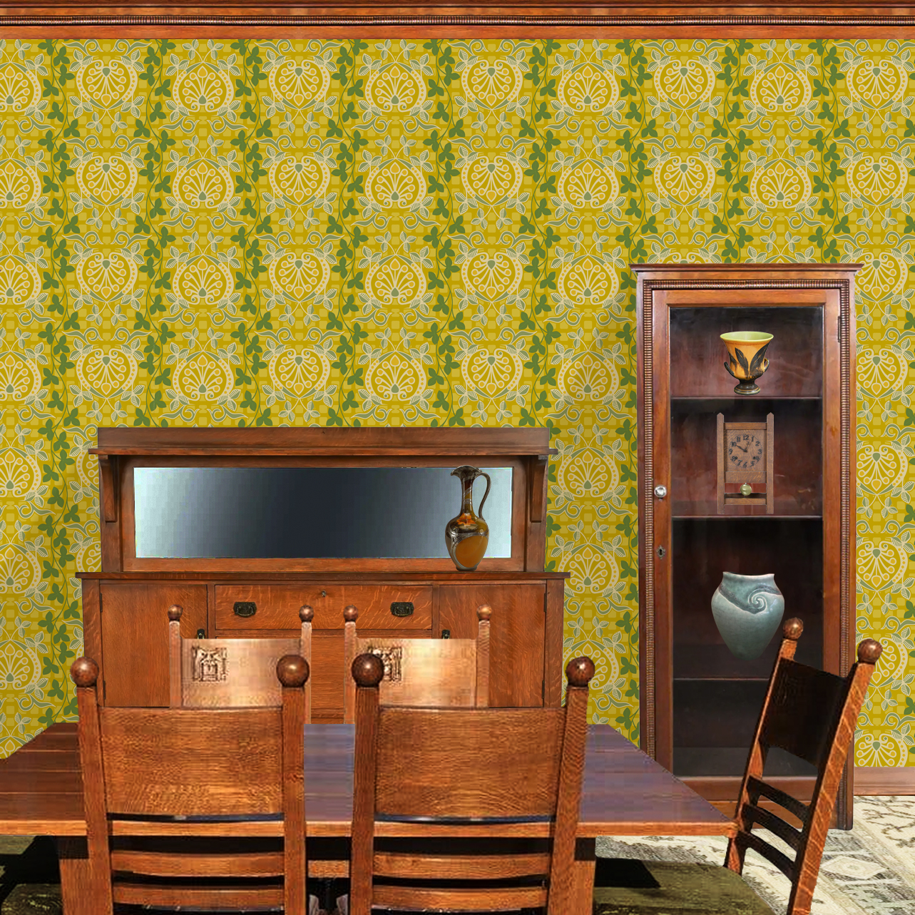 Pomegranate is a seamless repeating pattern featuring stylized heart-shaped floral motifs. Each motif has a central symmetrical design with curling tendrils and small circular shapes radiating from a rounded base. Surrounding these heart-shaped forms are pale green leaves and vines that interlock smoothly, creating an intricate lattice effect. The background is a deep blue, enriched by a subtle checkerboard texture that adds depth and contrast. The overall composition is balanced and harmonious, with elegant curves and a vintage aesthetic reminiscent of traditional textile designs. The dominant colors are dark blue, olive green, and muted beige, highlighting the natural and ornamental qualities of the pattern. The wallpaper design is shown in a Mission style dining room.