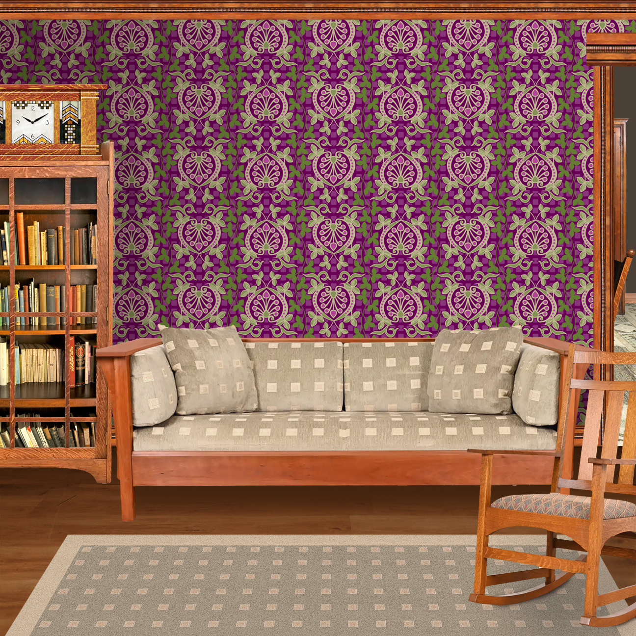 Pomegranate is a seamless repeating pattern featuring stylized heart-shaped floral motifs. Each motif has a central symmetrical design with curling tendrils and small circular shapes radiating from a rounded base. Surrounding these heart-shaped forms are pale green leaves and vines that interlock smoothly, creating an intricate lattice effect. The background is a deep blue, enriched by a subtle checkerboard texture that adds depth and contrast. The overall composition is balanced and harmonious, with elegant curves and a vintage aesthetic reminiscent of traditional textile designs. The dominant colors are dark blue, olive green, and muted beige, highlighting the natural and ornamental qualities of the pattern.  The wallpaper design is shown in a Mission style living room