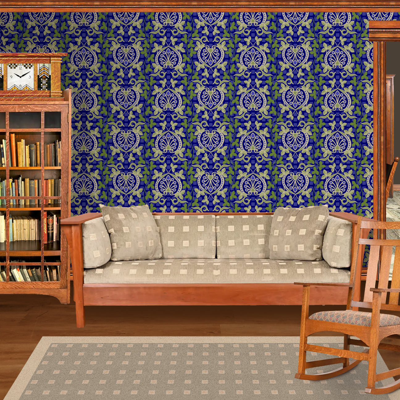 Pomegranate is a seamless repeating pattern featuring stylized heart-shaped floral motifs. Each motif has a central symmetrical design with curling tendrils and small circular shapes radiating from a rounded base. Surrounding these heart-shaped forms are pale green leaves and vines that interlock smoothly, creating an intricate lattice effect. The background is a deep blue, enriched by a subtle checkerboard texture that adds depth and contrast. The overall composition is balanced and harmonious, with elegant curves and a vintage aesthetic reminiscent of traditional textile designs. The dominant colors are dark blue, olive green, and muted beige, highlighting the natural and ornamental qualities of the pattern. The wallpaper design is shown in a Mission style living room