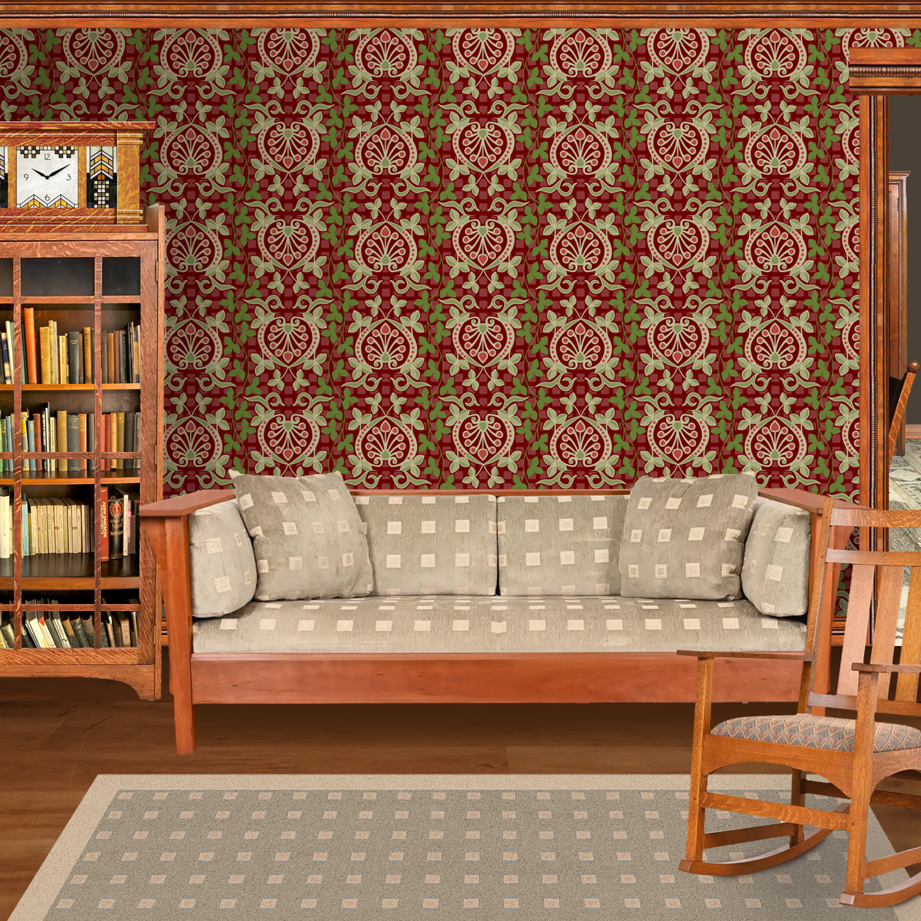 Pomegranate is a seamless repeating pattern featuring stylized heart-shaped floral motifs. Each motif has a central symmetrical design with curling tendrils and small circular shapes radiating from a rounded base. Surrounding these heart-shaped forms are pale green leaves and vines that interlock smoothly, creating an intricate lattice effect. The background is a deep blue, enriched by a subtle checkerboard texture that adds depth and contrast. The overall composition is balanced and harmonious, with elegant curves and a vintage aesthetic reminiscent of traditional textile designs. The dominant colors are dark blue, olive green, and muted beige, highlighting the natural and ornamental qualities of the pattern. The wallpaper design is shown in a Mission style living room