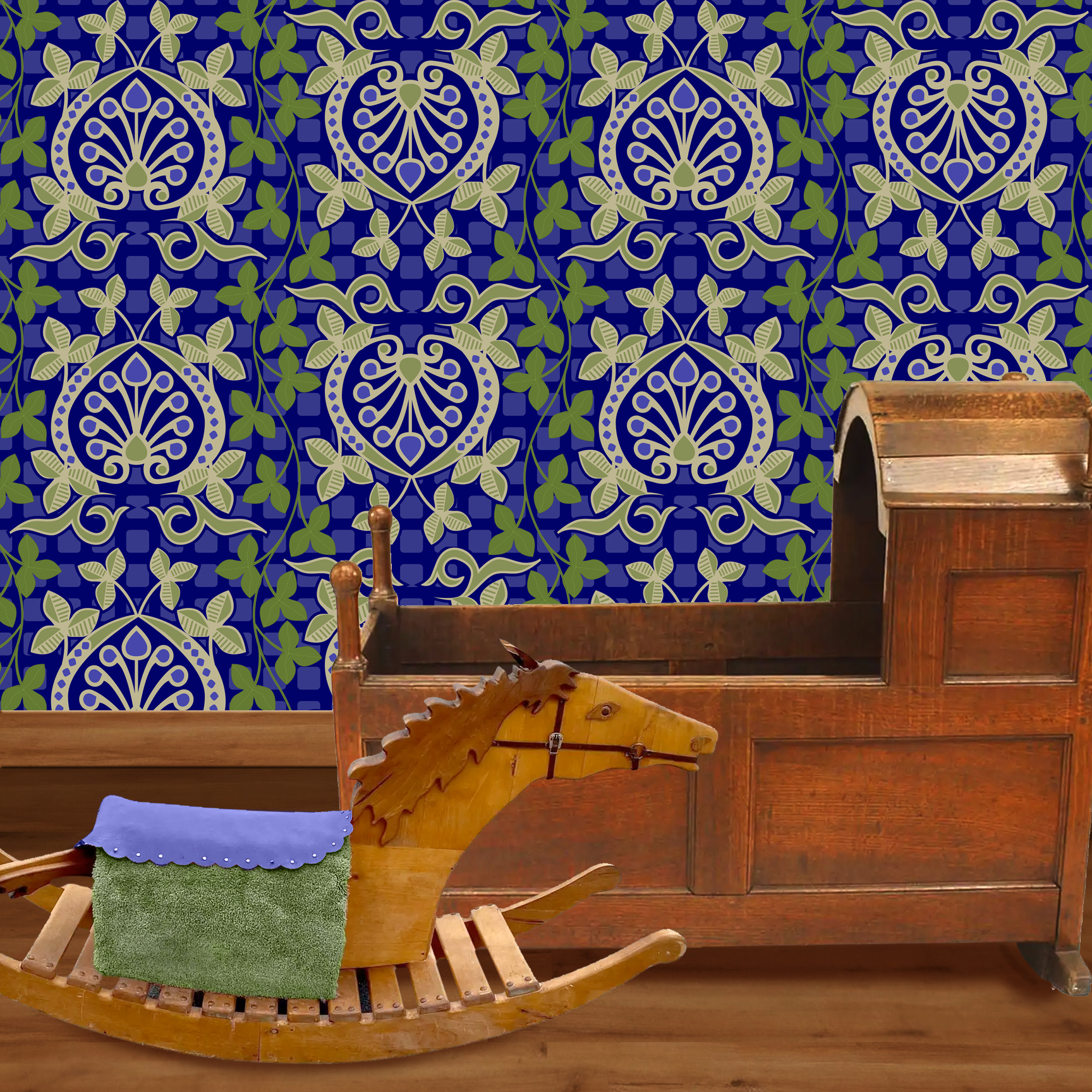 Pomegranate is a seamless repeating pattern featuring stylized heart-shaped floral motifs. Each motif has a central symmetrical design with curling tendrils and small circular shapes radiating from a rounded base. Surrounding these heart-shaped forms are pale green leaves and vines that interlock smoothly, creating an intricate lattice effect. The background is a deep blue, enriched by a subtle checkerboard texture that adds depth and contrast. The overall composition is balanced and harmonious, with elegant curves and a vintage aesthetic reminiscent of traditional textile designs. The dominant colors are dark blue, olive green, and muted beige, highlighting the natural and ornamental qualities of the pattern. The wallpaper design is shown in a Mission style nursery.