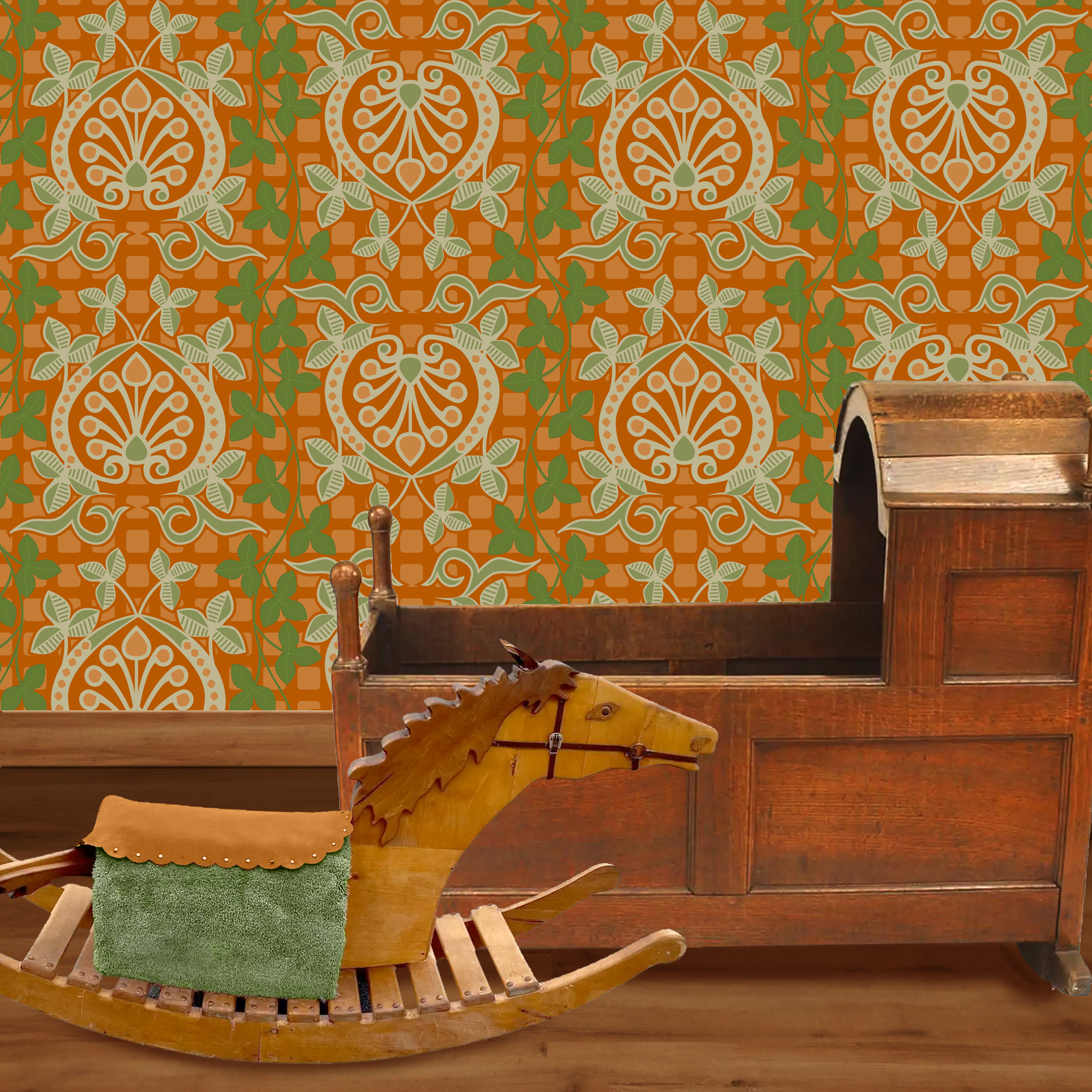 Pomegranate is a seamless repeating pattern featuring stylized heart-shaped floral motifs. Each motif has a central symmetrical design with curling tendrils and small circular shapes radiating from a rounded base. Surrounding these heart-shaped forms are pale green leaves and vines that interlock smoothly, creating an intricate lattice effect. The background is a deep blue, enriched by a subtle checkerboard texture that adds depth and contrast. The overall composition is balanced and harmonious, with elegant curves and a vintage aesthetic reminiscent of traditional textile designs. The dominant colors are dark blue, olive green, and muted beige, highlighting the natural and ornamental qualities of the pattern. The wallpaper design is shown in a Mission style nursery.