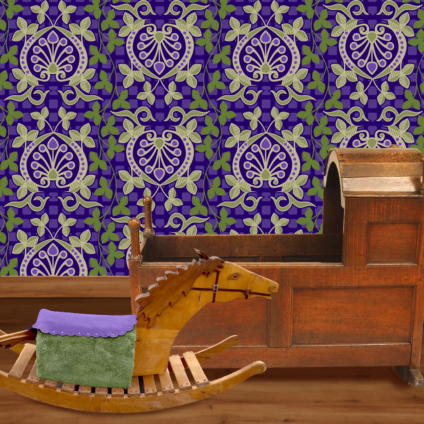 Pomegranate is a seamless repeating pattern featuring stylized heart-shaped floral motifs. Each motif has a central symmetrical design with curling tendrils and small circular shapes radiating from a rounded base. Surrounding these heart-shaped forms are pale green leaves and vines that interlock smoothly, creating an intricate lattice effect. The background is a deep blue, enriched by a subtle checkerboard texture that adds depth and contrast. The overall composition is balanced and harmonious, with elegant curves and a vintage aesthetic reminiscent of traditional textile designs. The dominant colors are dark blue, olive green, and muted beige, highlighting the natural and ornamental qualities of the pattern. The wallpaper design is shown in a Mission style nursery.