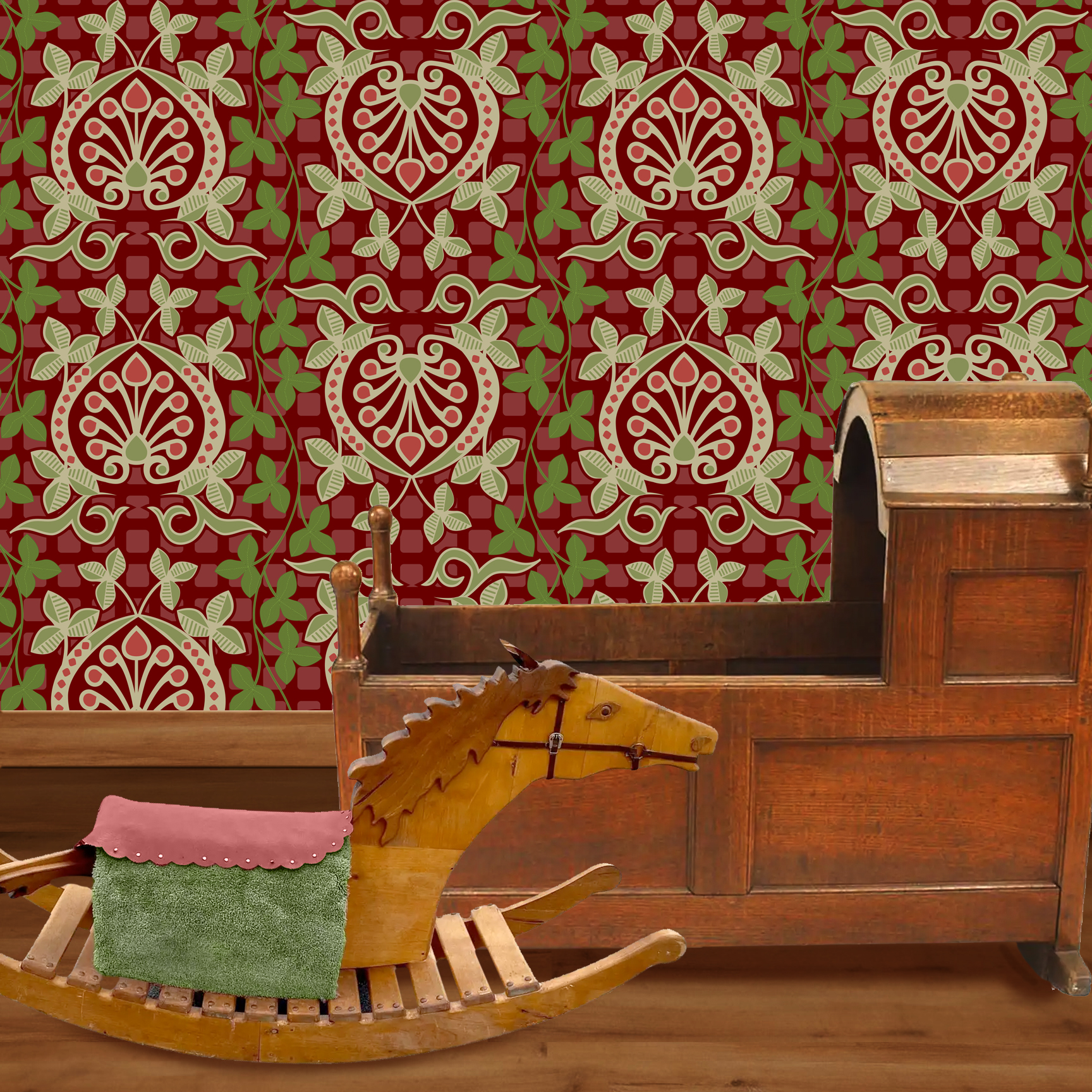 Pomegranate is a seamless repeating pattern featuring stylized heart-shaped floral motifs. Each motif has a central symmetrical design with curling tendrils and small circular shapes radiating from a rounded base. Surrounding these heart-shaped forms are pale green leaves and vines that interlock smoothly, creating an intricate lattice effect. The background is a deep blue, enriched by a subtle checkerboard texture that adds depth and contrast. The overall composition is balanced and harmonious, with elegant curves and a vintage aesthetic reminiscent of traditional textile designs. The dominant colors are dark blue, olive green, and muted beige, highlighting the natural and ornamental qualities of the pattern. The wallpaper design is shown in a Mission style nursery.