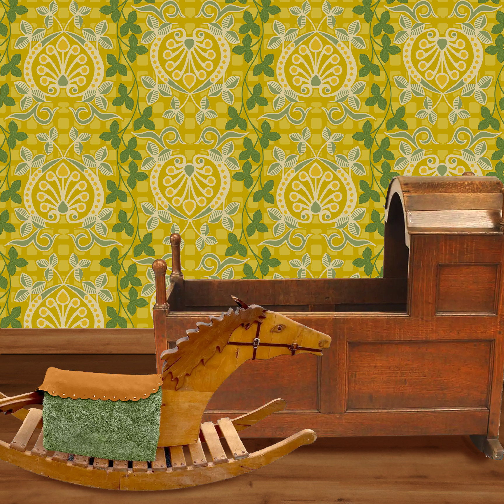 Pomegranate is a seamless repeating pattern featuring stylized heart-shaped floral motifs. Each motif has a central symmetrical design with curling tendrils and small circular shapes radiating from a rounded base. Surrounding these heart-shaped forms are pale green leaves and vines that interlock smoothly, creating an intricate lattice effect. The background is a deep blue, enriched by a subtle checkerboard texture that adds depth and contrast. The overall composition is balanced and harmonious, with elegant curves and a vintage aesthetic reminiscent of traditional textile designs. The dominant colors are dark blue, olive green, and muted beige, highlighting the natural and ornamental qualities of the pattern. The wallpaper design is shown in a Mission style nursery.