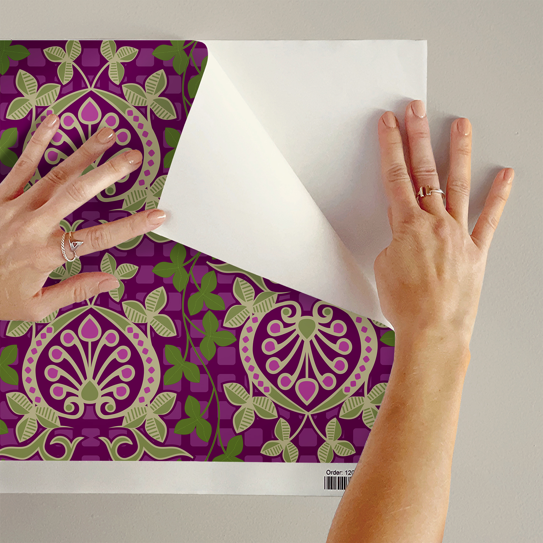 Pomegranate is a seamless repeating pattern featuring stylized heart-shaped floral motifs. Each motif has a central symmetrical design with curling tendrils and small circular shapes radiating from a rounded base. Surrounding these heart-shaped forms are pale green leaves and vines that interlock smoothly, creating an intricate lattice effect. The background is a deep blue, enriched by a subtle checkerboard texture that adds depth and contrast. The overall composition is balanced and harmonious, with elegant curves and a vintage aesthetic reminiscent of traditional textile designs. The dominant colors are dark blue, olive green, and muted beige, highlighting the natural and ornamental qualities of the pattern.