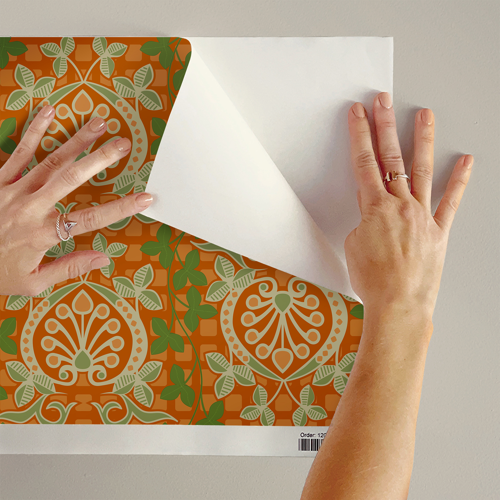 Pomegranate is a seamless repeating pattern featuring stylized heart-shaped floral motifs. Each motif has a central symmetrical design with curling tendrils and small circular shapes radiating from a rounded base. Surrounding these heart-shaped forms are pale green leaves and vines that interlock smoothly, creating an intricate lattice effect. The background is a deep blue, enriched by a subtle checkerboard texture that adds depth and contrast. The overall composition is balanced and harmonious, with elegant curves and a vintage aesthetic reminiscent of traditional textile designs. The dominant colors are dark blue, olive green, and muted beige, highlighting the natural and ornamental qualities of the pattern. 