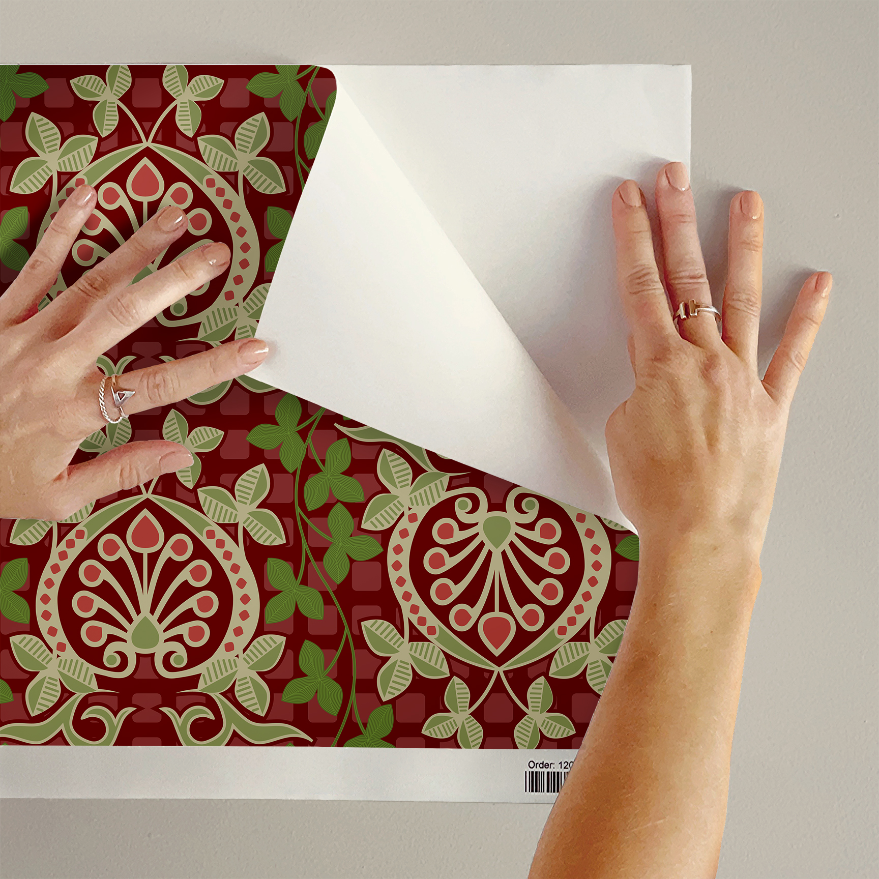 Pomegranate is a seamless repeating pattern featuring stylized heart-shaped floral motifs. Each motif has a central symmetrical design with curling tendrils and small circular shapes radiating from a rounded base. Surrounding these heart-shaped forms are pale green leaves and vines that interlock smoothly, creating an intricate lattice effect. The background is a deep blue, enriched by a subtle checkerboard texture that adds depth and contrast. The overall composition is balanced and harmonious, with elegant curves and a vintage aesthetic reminiscent of traditional textile designs. The dominant colors are dark blue, olive green, and muted beige, highlighting the natural and ornamental qualities of the pattern. 