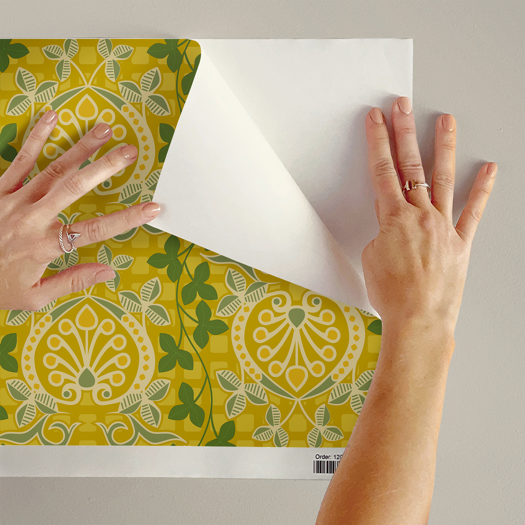 Pomegranate is a seamless repeating pattern featuring stylized heart-shaped floral motifs. Each motif has a central symmetrical design with curling tendrils and small circular shapes radiating from a rounded base. Surrounding these heart-shaped forms are pale green leaves and vines that interlock smoothly, creating an intricate lattice effect. The background is a deep blue, enriched by a subtle checkerboard texture that adds depth and contrast. The overall composition is balanced and harmonious, with elegant curves and a vintage aesthetic reminiscent of traditional textile designs. The dominant colors are dark blue, olive green, and muted beige, highlighting the natural and ornamental qualities of the pattern.