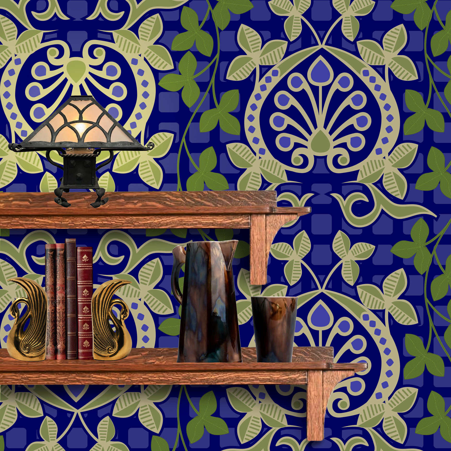Pomegranate is a seamless repeating pattern featuring stylized heart-shaped floral motifs. Each motif has a central symmetrical design with curling tendrils and small circular shapes radiating from a rounded base. Surrounding these heart-shaped forms are pale green leaves and vines that interlock smoothly, creating an intricate lattice effect. The background is a deep blue, enriched by a subtle checkerboard texture that adds depth and contrast. The overall composition is balanced and harmonious, with elegant curves and a vintage aesthetic reminiscent of traditional textile designs. The dominant colors are dark blue, olive green, and muted beige, highlighting the natural and ornamental qualities of the pattern. The wallpaper design is shown behind a Mission style shelf.