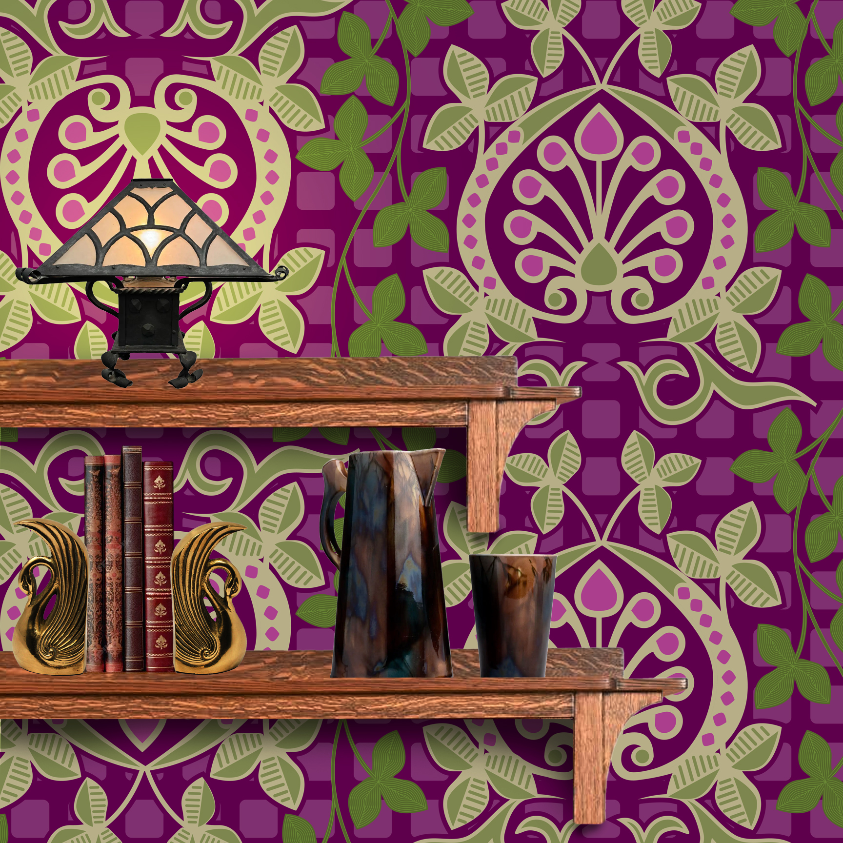 Pomegranate is a seamless repeating pattern featuring stylized heart-shaped floral motifs. Each motif has a central symmetrical design with curling tendrils and small circular shapes radiating from a rounded base. Surrounding these heart-shaped forms are pale green leaves and vines that interlock smoothly, creating an intricate lattice effect. The background is a deep blue, enriched by a subtle checkerboard texture that adds depth and contrast. The overall composition is balanced and harmonious, with elegant curves and a vintage aesthetic reminiscent of traditional textile designs. The dominant colors are dark blue, olive green, and muted beige, highlighting the natural and ornamental qualities of the pattern. The wallpaper design is shown behind a Mission style shelf.