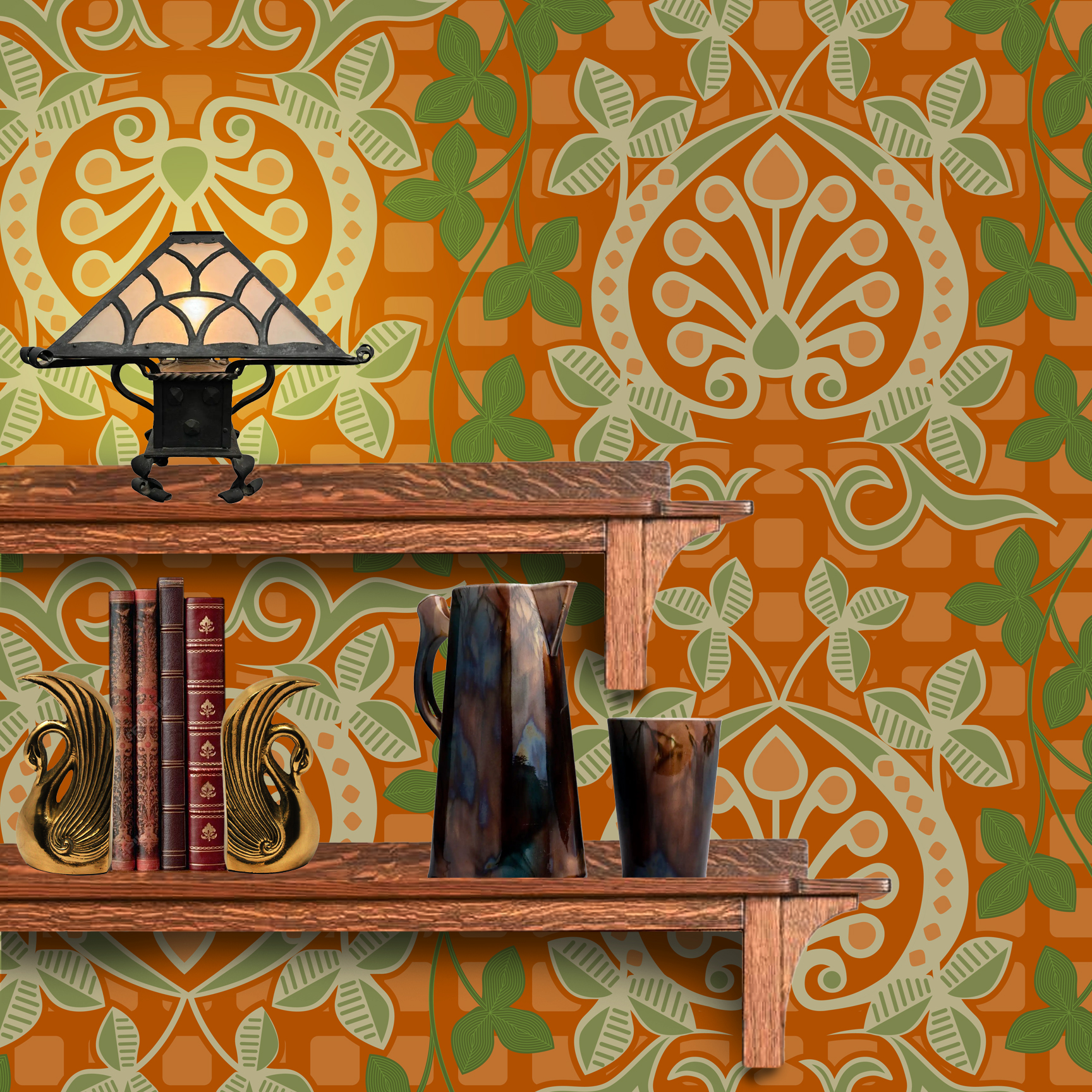 Pomegranate is a seamless repeating pattern featuring stylized heart-shaped floral motifs. Each motif has a central symmetrical design with curling tendrils and small circular shapes radiating from a rounded base. Surrounding these heart-shaped forms are pale green leaves and vines that interlock smoothly, creating an intricate lattice effect. The background is a deep blue, enriched by a subtle checkerboard texture that adds depth and contrast. The overall composition is balanced and harmonious, with elegant curves and a vintage aesthetic reminiscent of traditional textile designs. The dominant colors are dark blue, olive green, and muted beige, highlighting the natural and ornamental qualities of the pattern. The wallpaper design is shown behind a Mission style shelf.