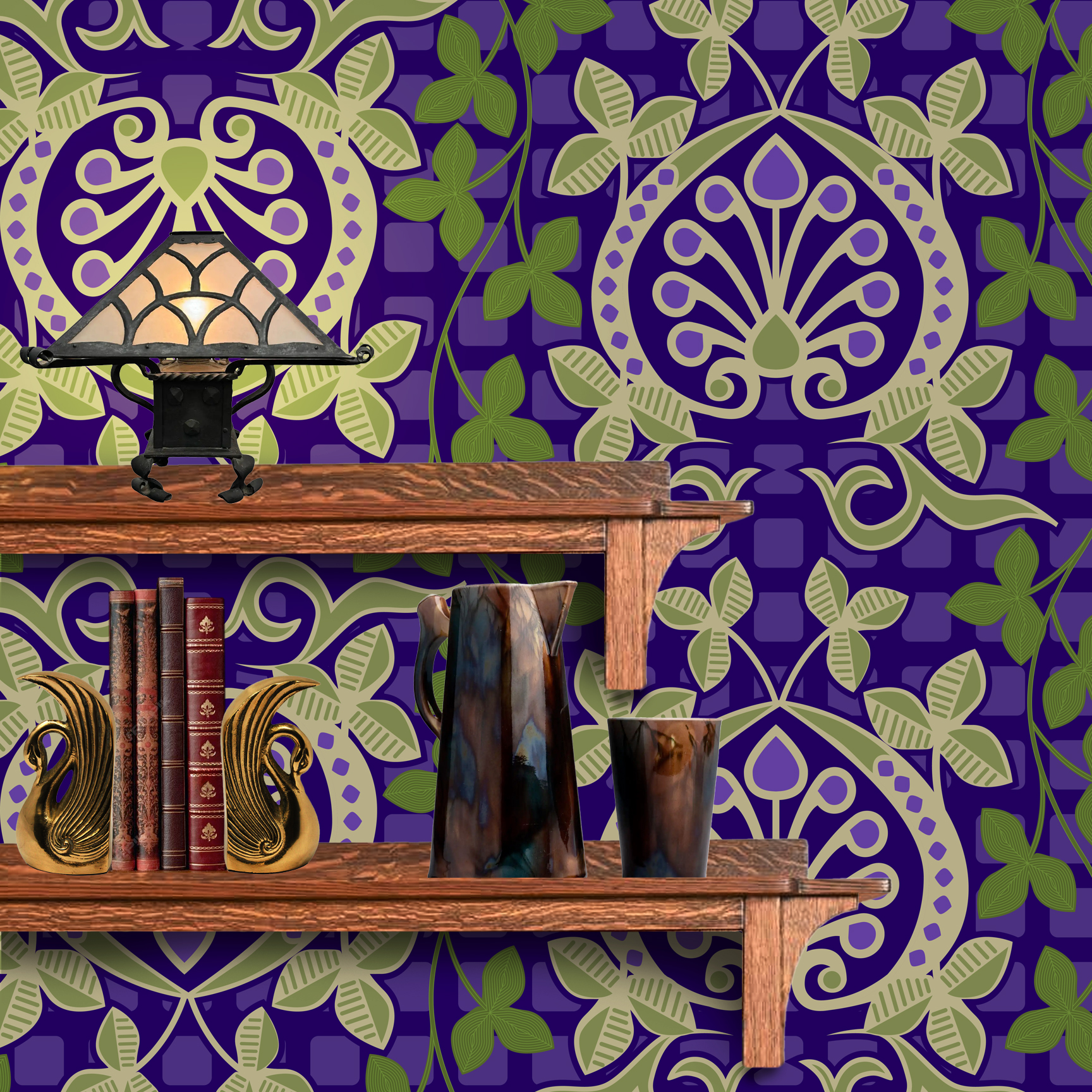 Pomegranate is a seamless repeating pattern featuring stylized heart-shaped floral motifs. Each motif has a central symmetrical design with curling tendrils and small circular shapes radiating from a rounded base. Surrounding these heart-shaped forms are pale green leaves and vines that interlock smoothly, creating an intricate lattice effect. The background is a deep blue, enriched by a subtle checkerboard texture that adds depth and contrast. The overall composition is balanced and harmonious, with elegant curves and a vintage aesthetic reminiscent of traditional textile designs. The dominant colors are dark blue, olive green, and muted beige, highlighting the natural and ornamental qualities of the pattern. The wallpaper design is shown behind a Mission style shelf.