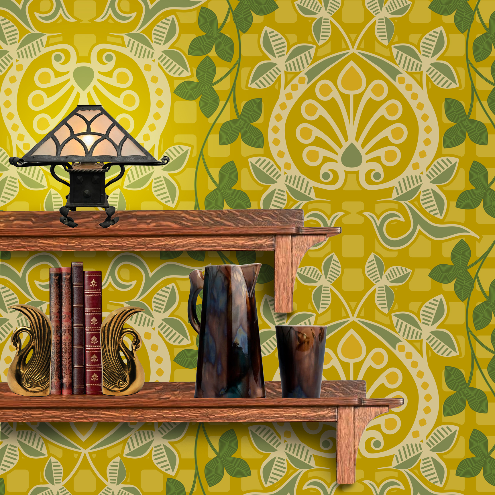 Pomegranate is a seamless repeating pattern featuring stylized heart-shaped floral motifs. Each motif has a central symmetrical design with curling tendrils and small circular shapes radiating from a rounded base. Surrounding these heart-shaped forms are pale green leaves and vines that interlock smoothly, creating an intricate lattice effect. The background is a deep blue, enriched by a subtle checkerboard texture that adds depth and contrast. The overall composition is balanced and harmonious, with elegant curves and a vintage aesthetic reminiscent of traditional textile designs. The dominant colors are dark blue, olive green, and muted beige, highlighting the natural and ornamental qualities of the pattern. The wallpaper design is shown behind a Mission style shelf.