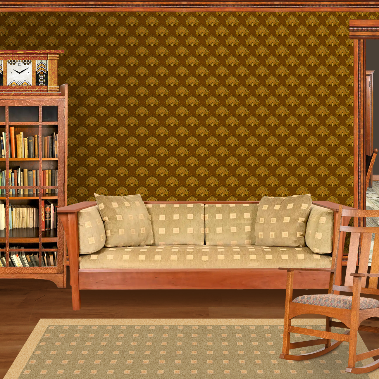 The artwork is a repeating geometric pattern with a symmetrical and stylized floral design. It features bold, fan-like petals radiating outward from a central teardrop shape, using shades of brown, gold, and mustard yellow. The petals have layered sections, creating a sense of depth and movement. The background is a rich brown tone, adorned with subtle, organic line patterns that provide texture without overwhelming the main motifs. The overall composition exudes a warm, autumnal palette with an Art Deco influence. The wallpaper design is shown in a Mission style living room