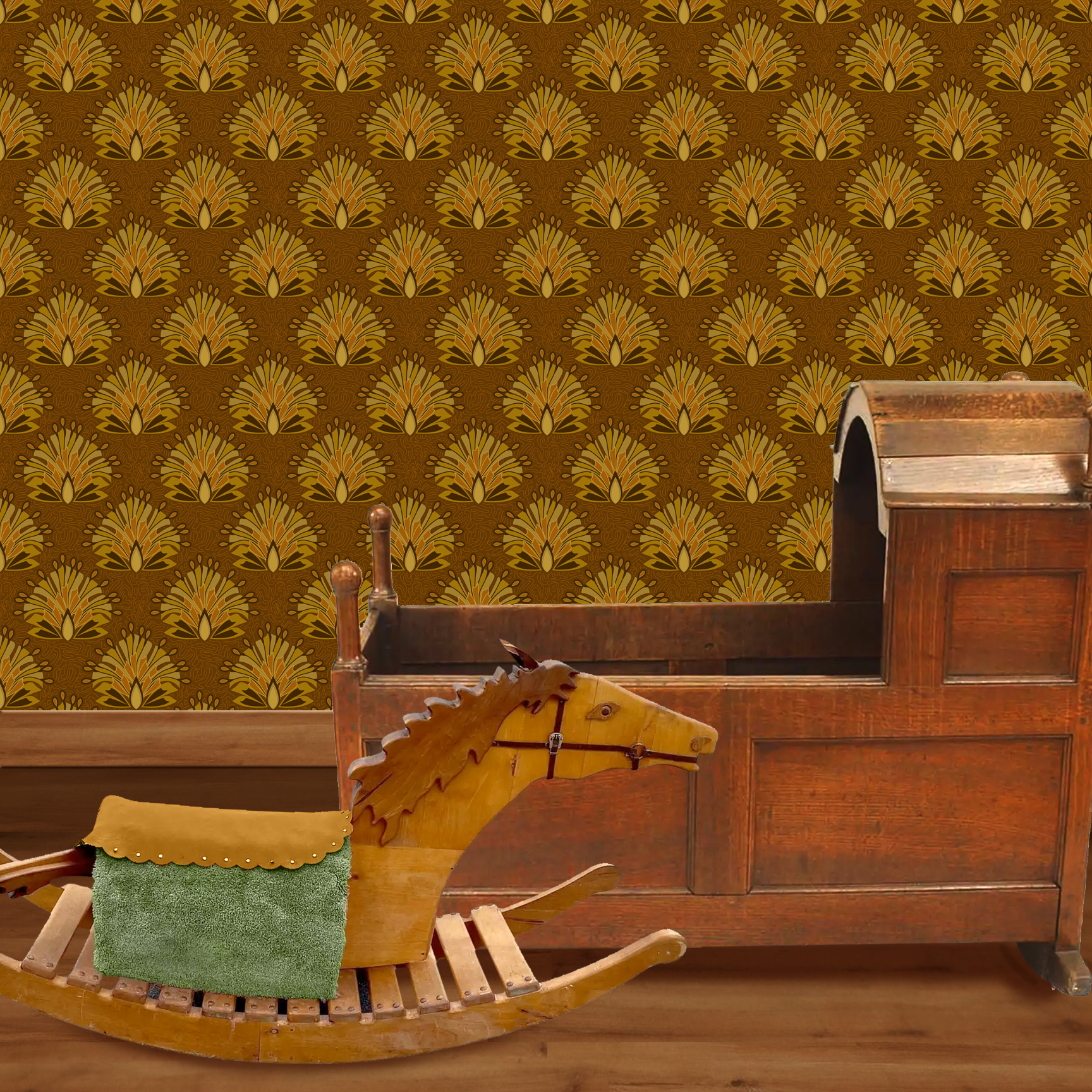 The artwork is a repeating geometric pattern with a symmetrical and stylized floral design. It features bold, fan-like petals radiating outward from a central teardrop shape, using shades of brown, gold, and mustard yellow. The petals have layered sections, creating a sense of depth and movement. The background is a rich brown tone, adorned with subtle, organic line patterns that provide texture without overwhelming the main motifs. The overall composition exudes a warm, autumnal palette with an Art Deco influence. The wallpaper design is shown in a Mission style nursery.