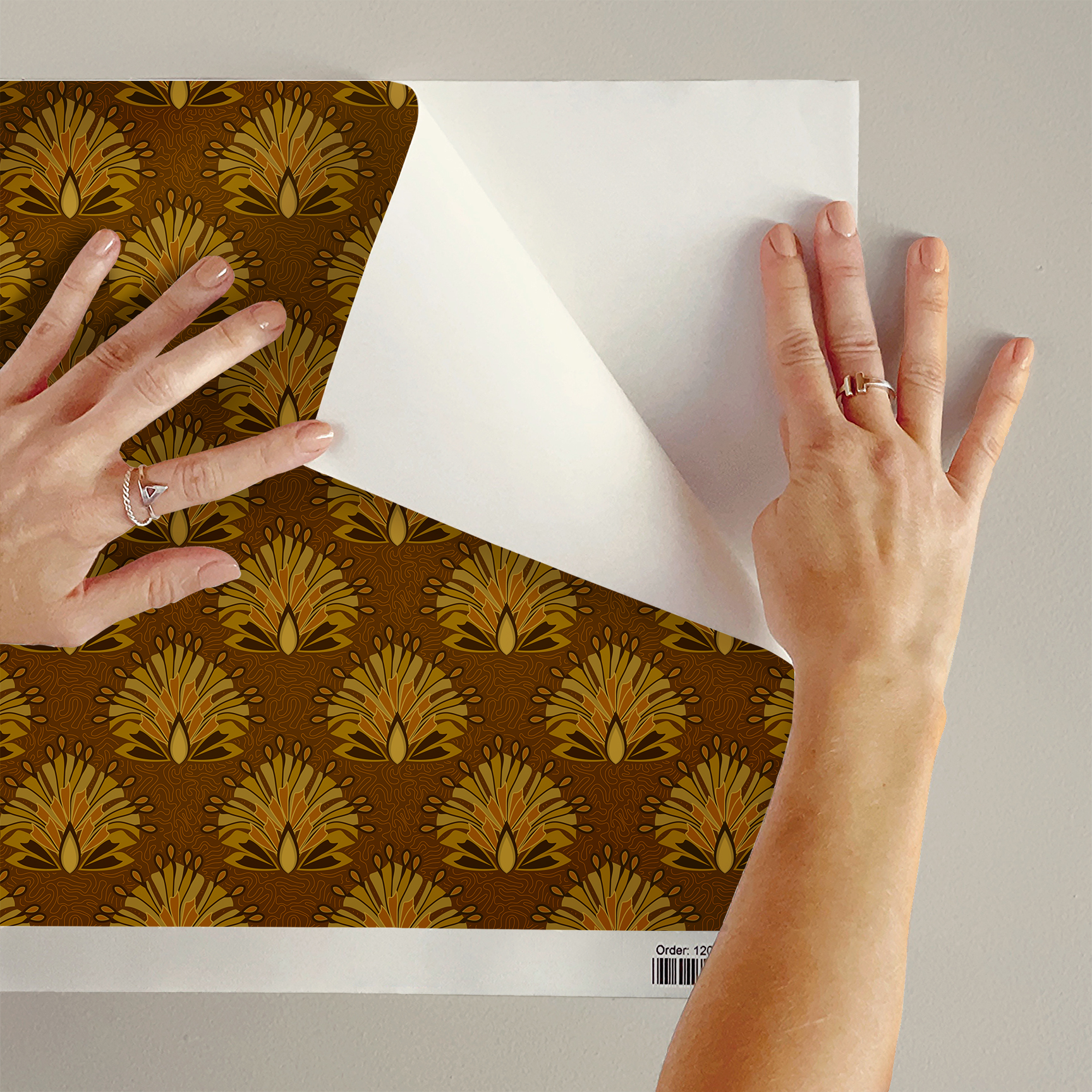 The artwork is a repeating geometric pattern with a symmetrical and stylized floral design. It features bold, fan-like petals radiating outward from a central teardrop shape, using shades of brown, gold, and mustard yellow. The petals have layered sections, creating a sense of depth and movement. The background is a rich brown tone, adorned with subtle, organic line patterns that provide texture without overwhelming the main motifs. The overall composition exudes a warm, autumnal palette with an Art Deco influence.