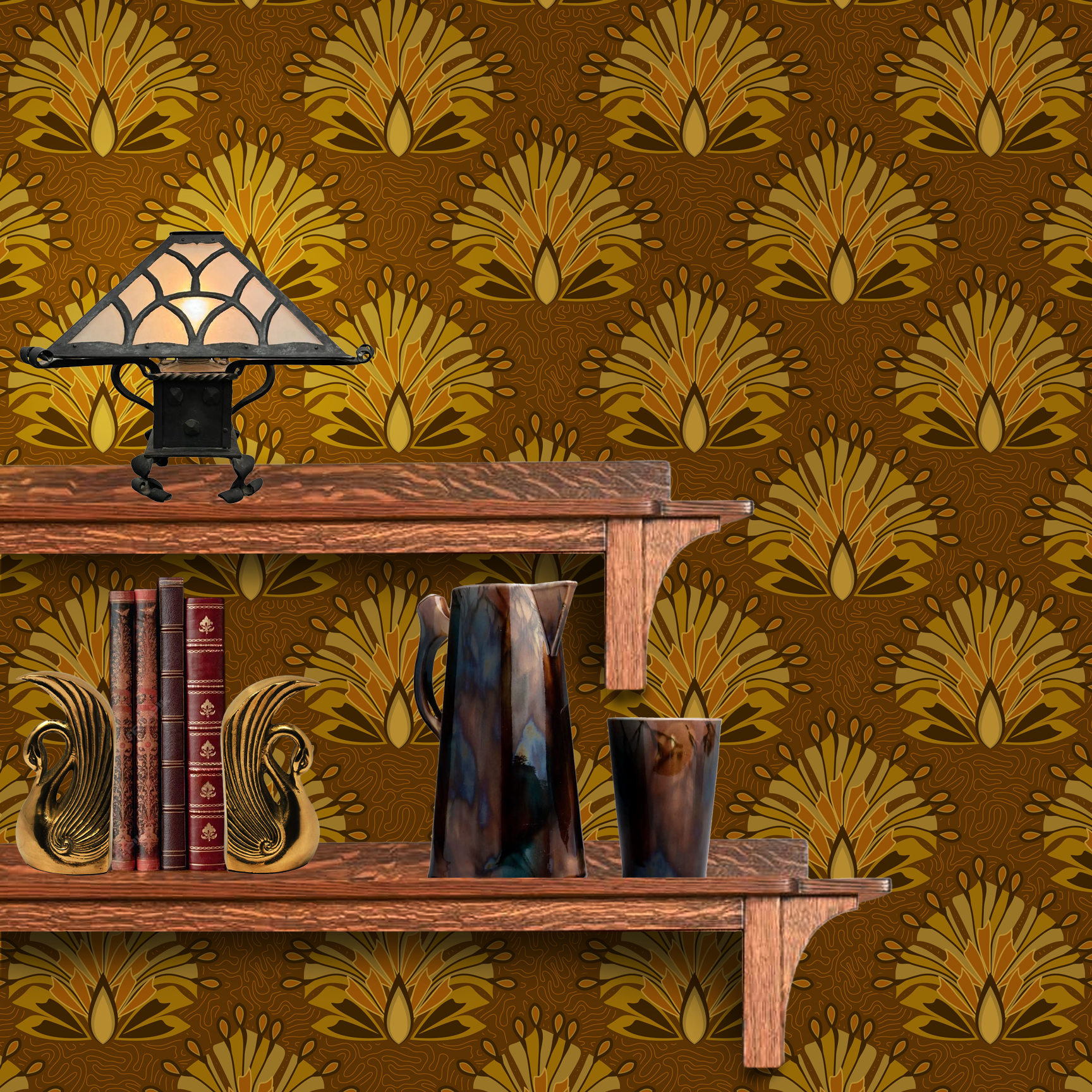 The artwork is a repeating geometric pattern with a symmetrical and stylized floral design. It features bold, fan-like petals radiating outward from a central teardrop shape, using shades of brown, gold, and mustard yellow. The petals have layered sections, creating a sense of depth and movement. The background is a rich brown tone, adorned with subtle, organic line patterns that provide texture without overwhelming the main motifs. The overall composition exudes a warm, autumnal palette with an Art Deco influence. The wallpaper design is shown behind a Mission style shelf.