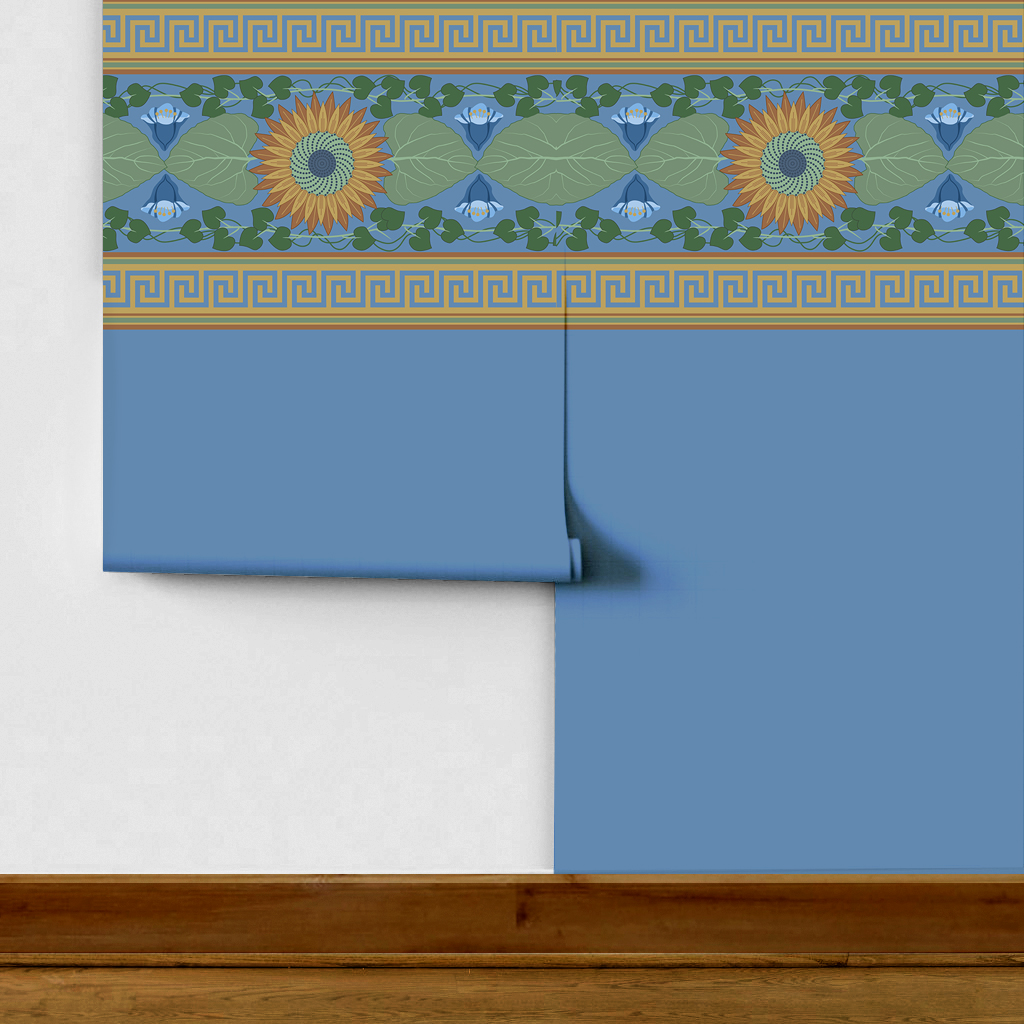 The artwork is a decorative pattern featuring a central sunflower with brown petals and a green and blue spiraled center. Surrounding the sunflower are large green leaves and a symmetric arrangement of blue flowers with rounded petals. Green vines with heart-shaped leaves intertwine around the floral elements. The design is bordered at the top and bottom by horizontal bands of Greek key motifs in gold on a blue background. The overall color palette includes shades of blue, green, brown, and gold, creating a harmonious and balanced composition. 