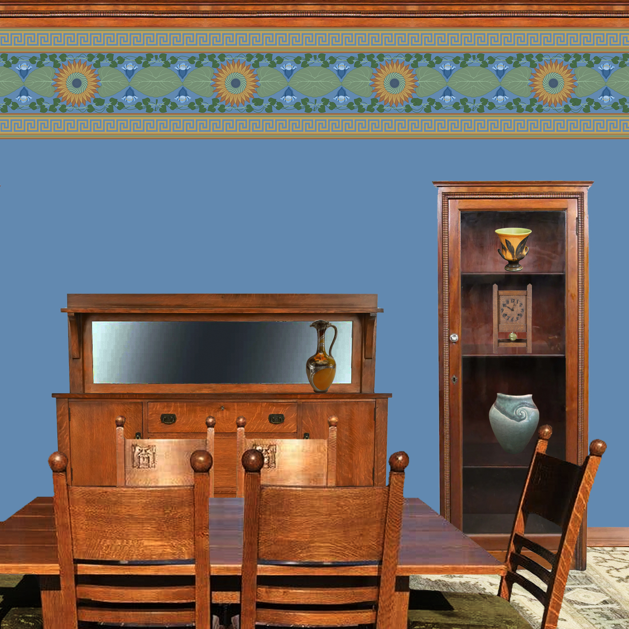 The artwork is a decorative pattern featuring a central sunflower with brown petals and a green and blue spiraled center. Surrounding the sunflower are large green leaves and a symmetric arrangement of blue flowers with rounded petals. Green vines with heart-shaped leaves intertwine around the floral elements. The design is bordered at the top and bottom by horizontal bands of Greek key motifs in gold on a blue background. The overall color palette includes shades of blue, green, brown, and gold, creating a harmonious and balanced composition.  The wallpaper design is shown in a Mission style dining room.