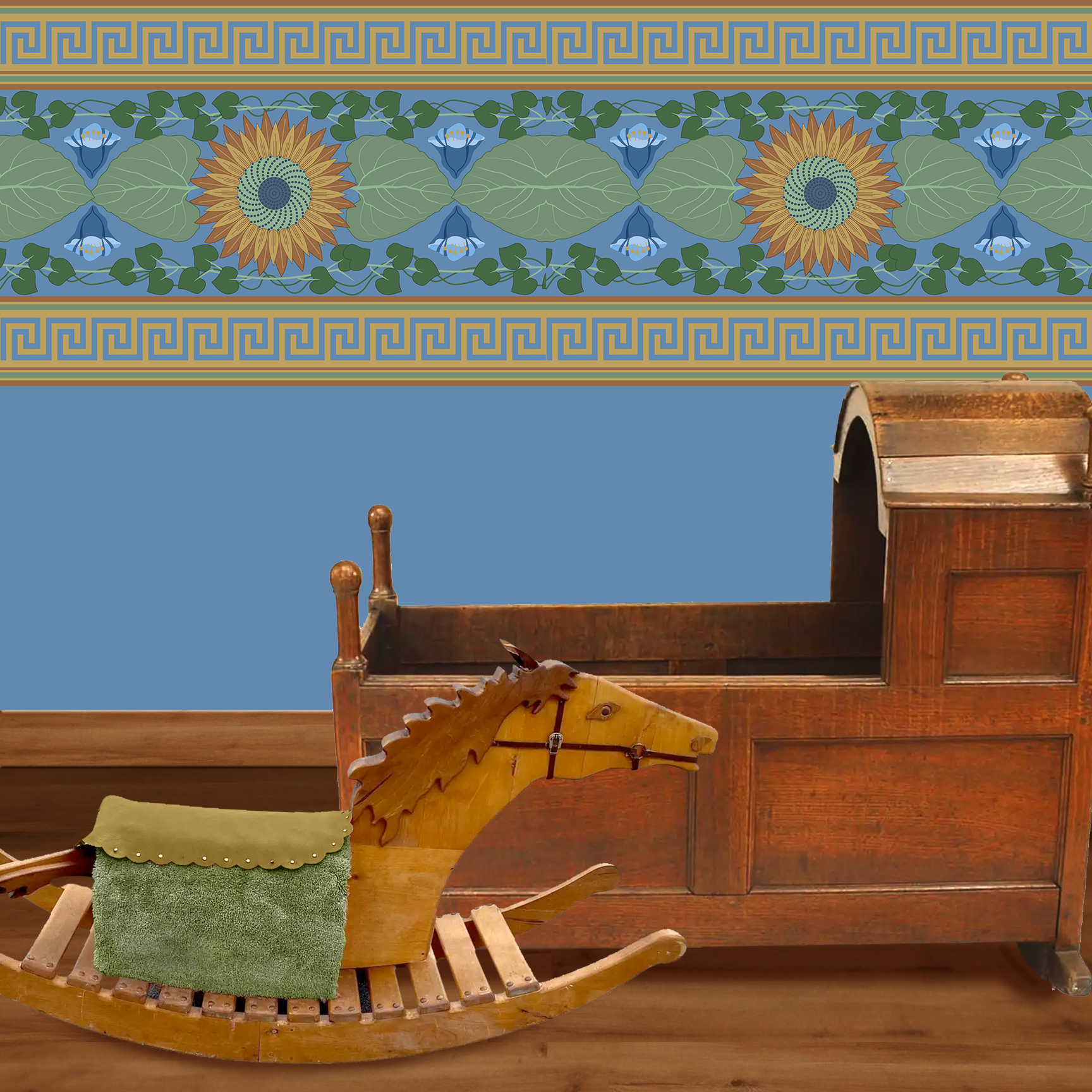 The artwork is a decorative pattern featuring a central sunflower with brown petals and a green and blue spiraled center. Surrounding the sunflower are large green leaves and a symmetric arrangement of blue flowers with rounded petals. Green vines with heart-shaped leaves intertwine around the floral elements. The design is bordered at the top and bottom by horizontal bands of Greek key motifs in gold on a blue background. The overall color palette includes shades of blue, green, brown, and gold, creating a harmonious and balanced composition.  The wallpaper design is shown in a Mission style nursery.