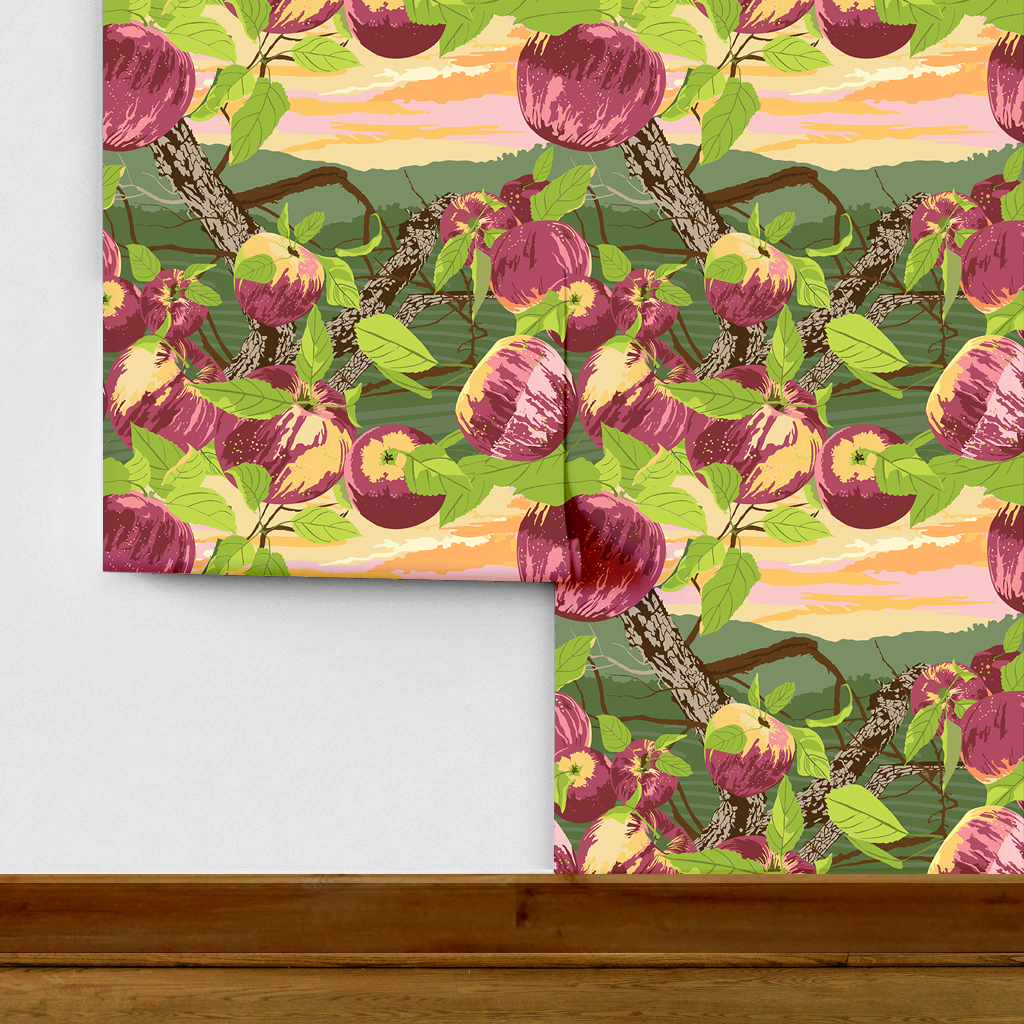 The artwork is a vibrant and stylized depiction of a peach tree with multiple ripe peaches hanging from its branches. The peaches are rendered in shades of pink, purple, and cream, with green leaves surrounding them. The tree trunks and branches are detailed with textured bark in shades of brown. The background features a layered landscape in green hues with a sunset sky colored in gradients of orange, pink, and yellow.