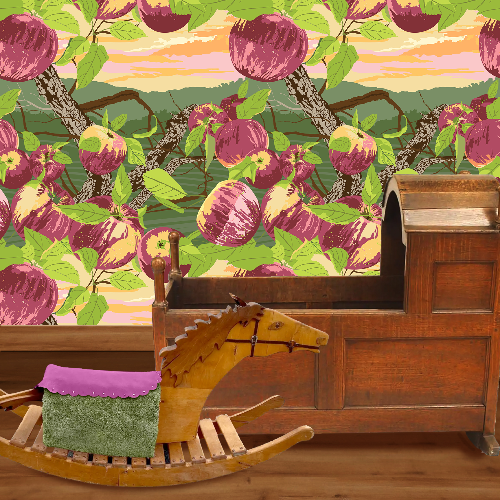 The artwork is a vibrant and stylized depiction of a peach tree with multiple ripe peaches hanging from its branches. The peaches are rendered in shades of pink, purple, and cream, with green leaves surrounding them. The tree trunks and branches are detailed with textured bark in shades of brown. The background features a layered landscape in green hues with a sunset sky colored in gradients of orange, pink, and yellow. The wallpaper design is shown in a Mission style nursery.