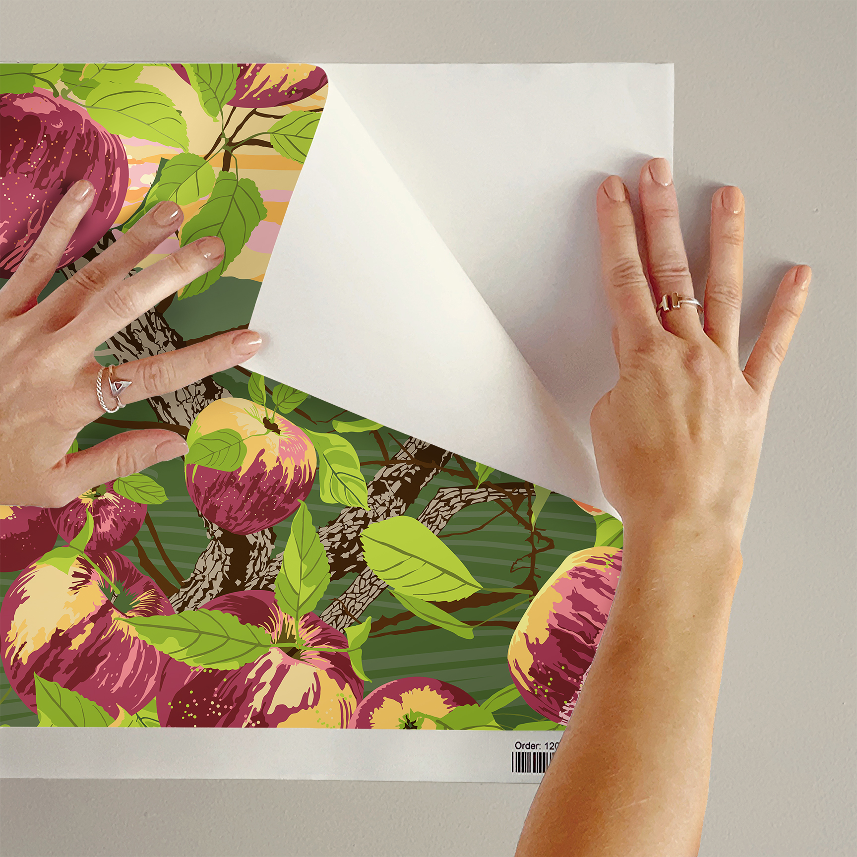 The artwork is a vibrant and stylized depiction of a peach tree with multiple ripe peaches hanging from its branches. The peaches are rendered in shades of pink, purple, and cream, with green leaves surrounding them. The tree trunks and branches are detailed with textured bark in shades of brown. The background features a layered landscape in green hues with a sunset sky colored in gradients of orange, pink, and yellow. 