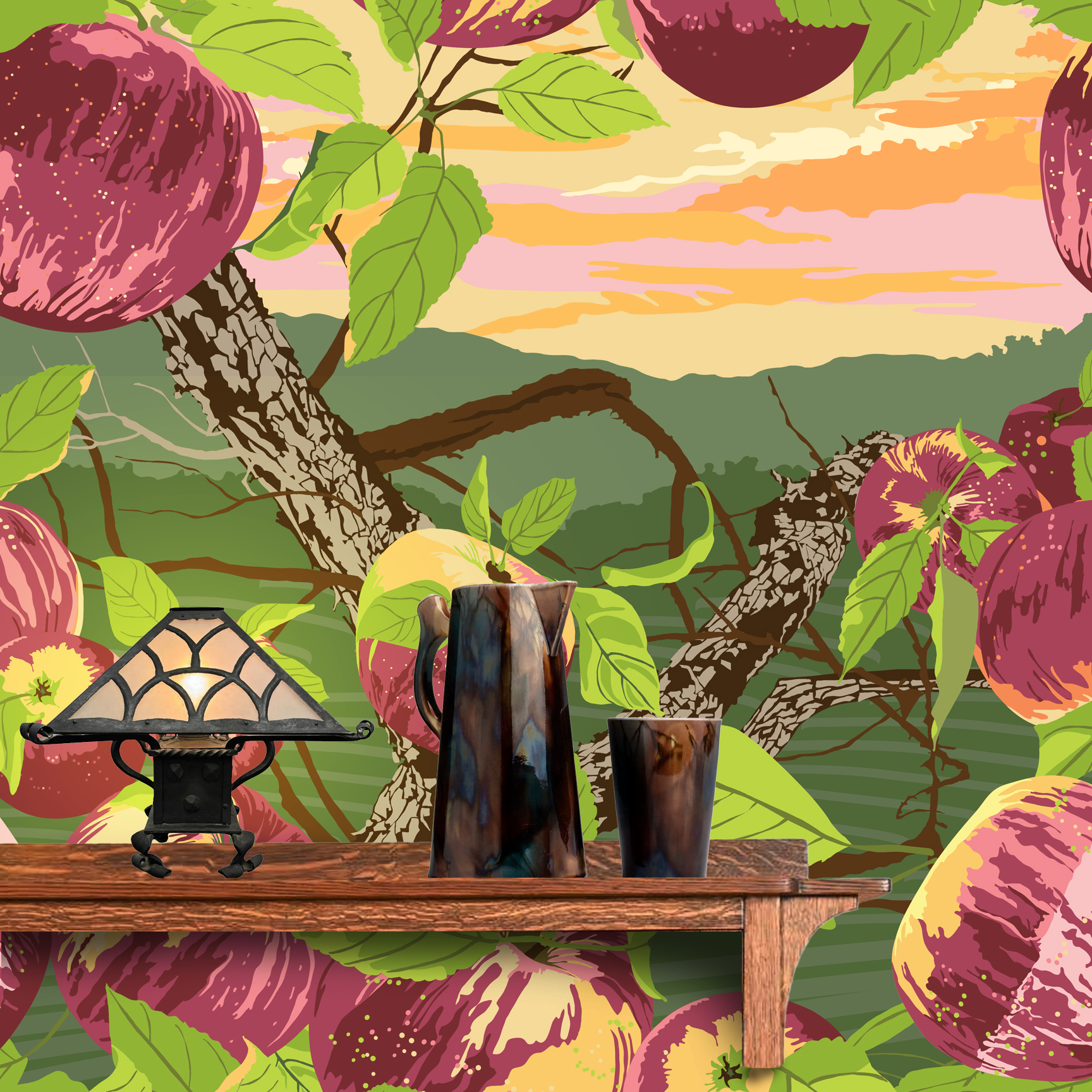 The artwork is a vibrant and stylized depiction of a peach tree with multiple ripe peaches hanging from its branches. The peaches are rendered in shades of pink, purple, and cream, with green leaves surrounding them. The tree trunks and branches are detailed with textured bark in shades of brown. The background features a layered landscape in green hues with a sunset sky colored in gradients of orange, pink, and yellow. The wallpaper design is shown behind a Mission style shelf.