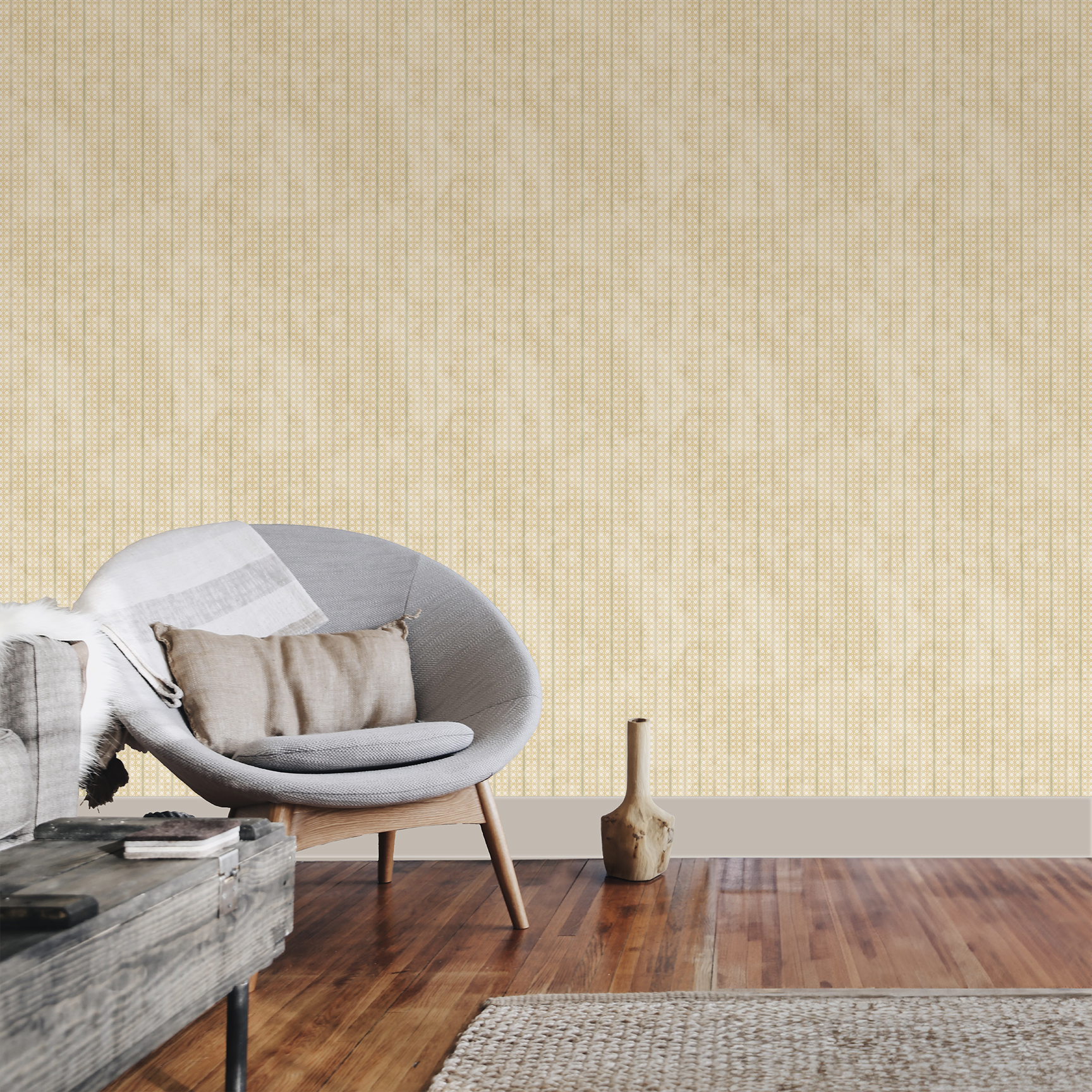 The artwork is a geometric composition featuring a symmetrical design dominated by diagonal stripes in shades of tan, rust and green. The central area is divided into four quadrants by two intersecting dark purple bands. Each quadrant contains diagonal stripes that create a chevron pattern, alternating between lavender and green hues. Vertical bands with circular motifs in black frame the central quadrants on the left and right sides. The outer edges are decorated with semicircular and triangular shapes, adding contrast with bold green and white patterns.The interplay of pastel colors and geometric forms gives the artwork a structured yet visually engaging appearance.