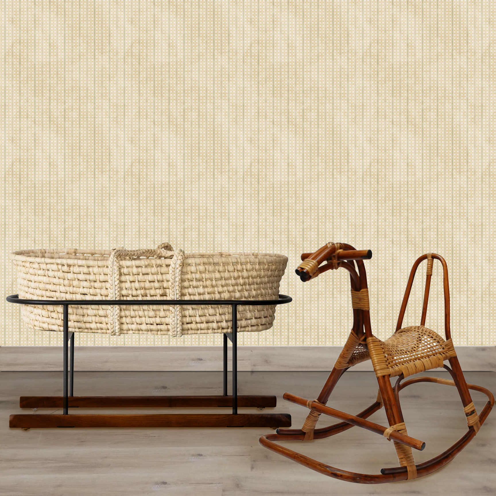 The artwork is a geometric composition featuring a symmetrical design dominated by diagonal stripes in shades of tan, rust and green. The central area is divided into four quadrants by two intersecting dark purple bands. Each quadrant contains diagonal stripes that create a chevron pattern, alternating between lavender and green hues. Vertical bands with circular motifs in black frame the central quadrants on the left and right sides. The outer edges are decorated with semicircular and triangular shapes, adding contrast with bold green and white patterns.The interplay of pastel colors and geometric forms gives the artwork a structured yet visually engaging appearance.