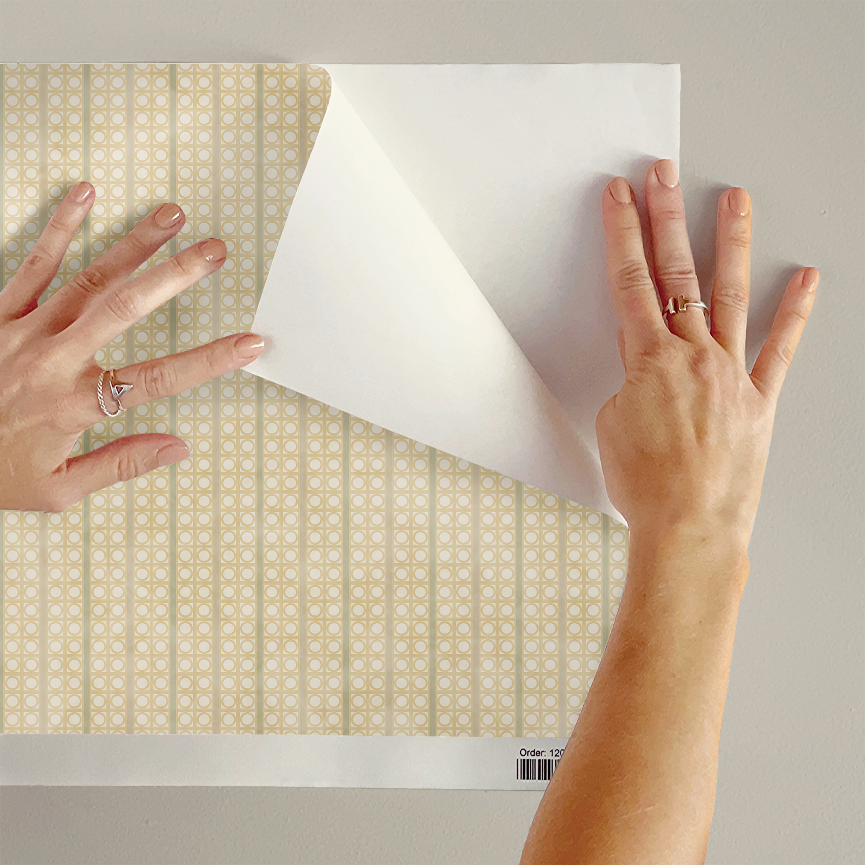 The artwork is a geometric composition featuring a symmetrical design dominated by diagonal stripes in shades of tan, rust and green. The central area is divided into four quadrants by two intersecting dark purple bands. Each quadrant contains diagonal stripes that create a chevron pattern, alternating between lavender and green hues. Vertical bands with circular motifs in black frame the central quadrants on the left and right sides. The outer edges are decorated with semicircular and triangular shapes, adding contrast with bold green and white patterns.The interplay of pastel colors and geometric forms gives the artwork a structured yet visually engaging appearance.