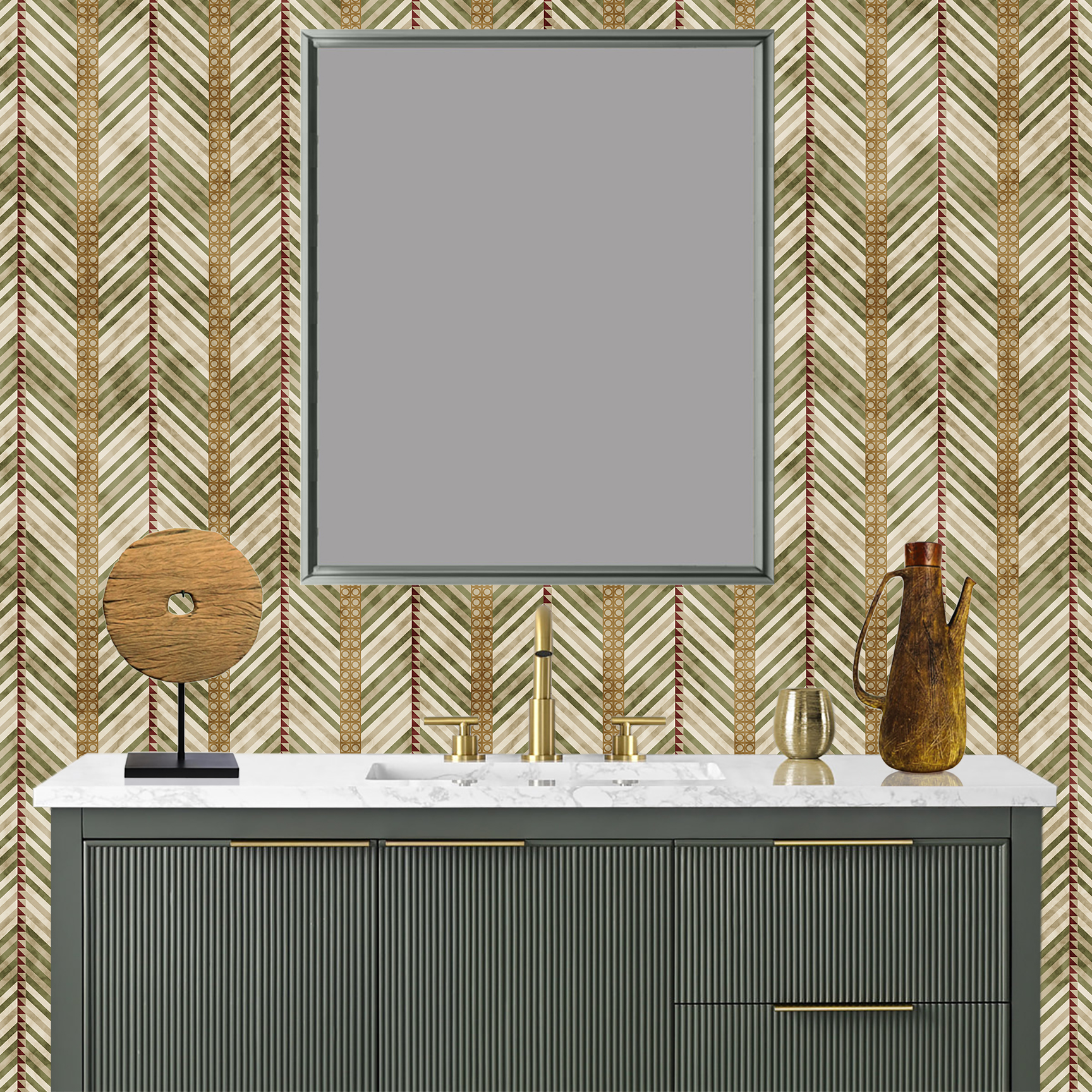 The artwork is a geometric composition featuring a symmetrical design dominated by diagonal stripes in shades of tan, rust and green. The central area is divided into four quadrants by two intersecting dark purple bands. Each quadrant contains diagonal stripes that create a chevron pattern, alternating between lavender and green hues. Vertical bands with circular motifs in black frame the central quadrants on the left and right sides. The outer edges are decorated with semicircular and triangular shapes, adding contrast with bold green and white patterns.The interplay of pastel colors and geometric forms gives the artwork a structured yet visually engaging appearance.