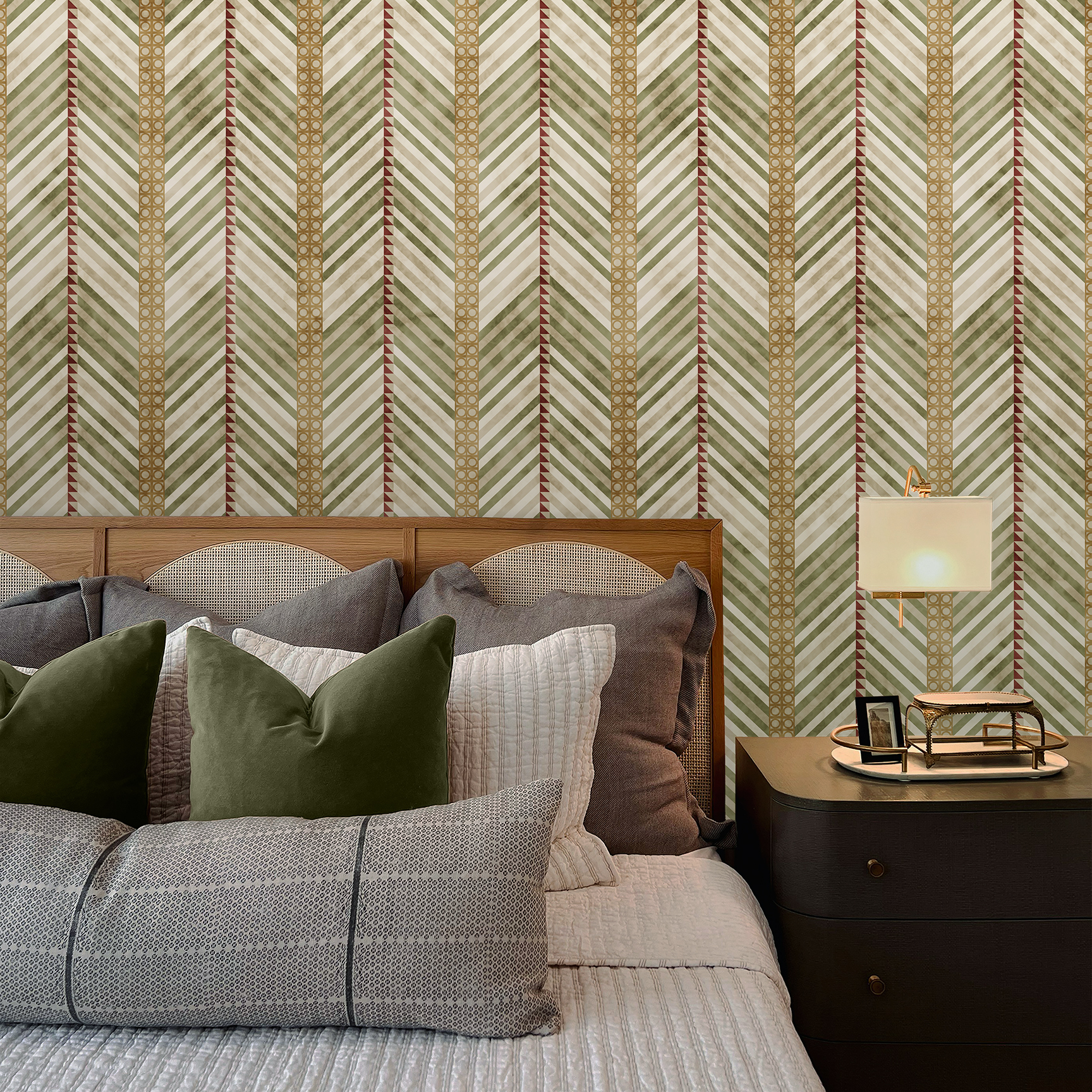 The artwork is a geometric composition featuring a symmetrical design dominated by diagonal stripes in shades of tan, rust and green. The central area is divided into four quadrants by two intersecting dark purple bands. Each quadrant contains diagonal stripes that create a chevron pattern, alternating between lavender and green hues. Vertical bands with circular motifs in black frame the central quadrants on the left and right sides. The outer edges are decorated with semicircular and triangular shapes, adding contrast with bold green and white patterns.The interplay of pastel colors and geometric forms gives the artwork a structured yet visually engaging appearance..