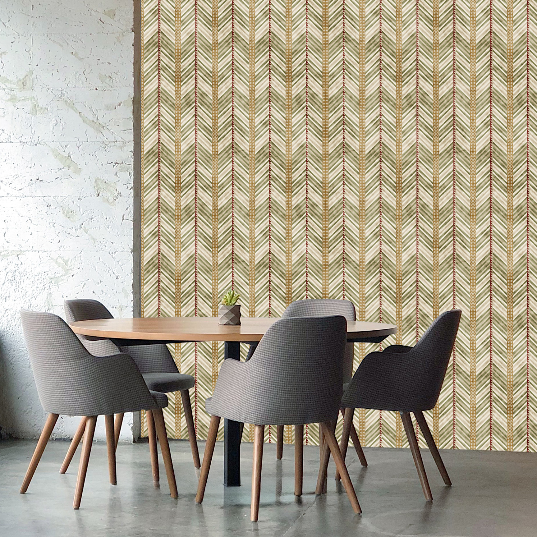 The artwork is a geometric composition featuring a symmetrical design dominated by diagonal stripes in shades of tan, rust and green. The central area is divided into four quadrants by two intersecting dark purple bands. Each quadrant contains diagonal stripes that create a chevron pattern, alternating between lavender and green hues. Vertical bands with circular motifs in black frame the central quadrants on the left and right sides. The outer edges are decorated with semicircular and triangular shapes, adding contrast with bold green and white patterns.The interplay of pastel colors and geometric forms gives the artwork a structured yet visually engaging appearance.