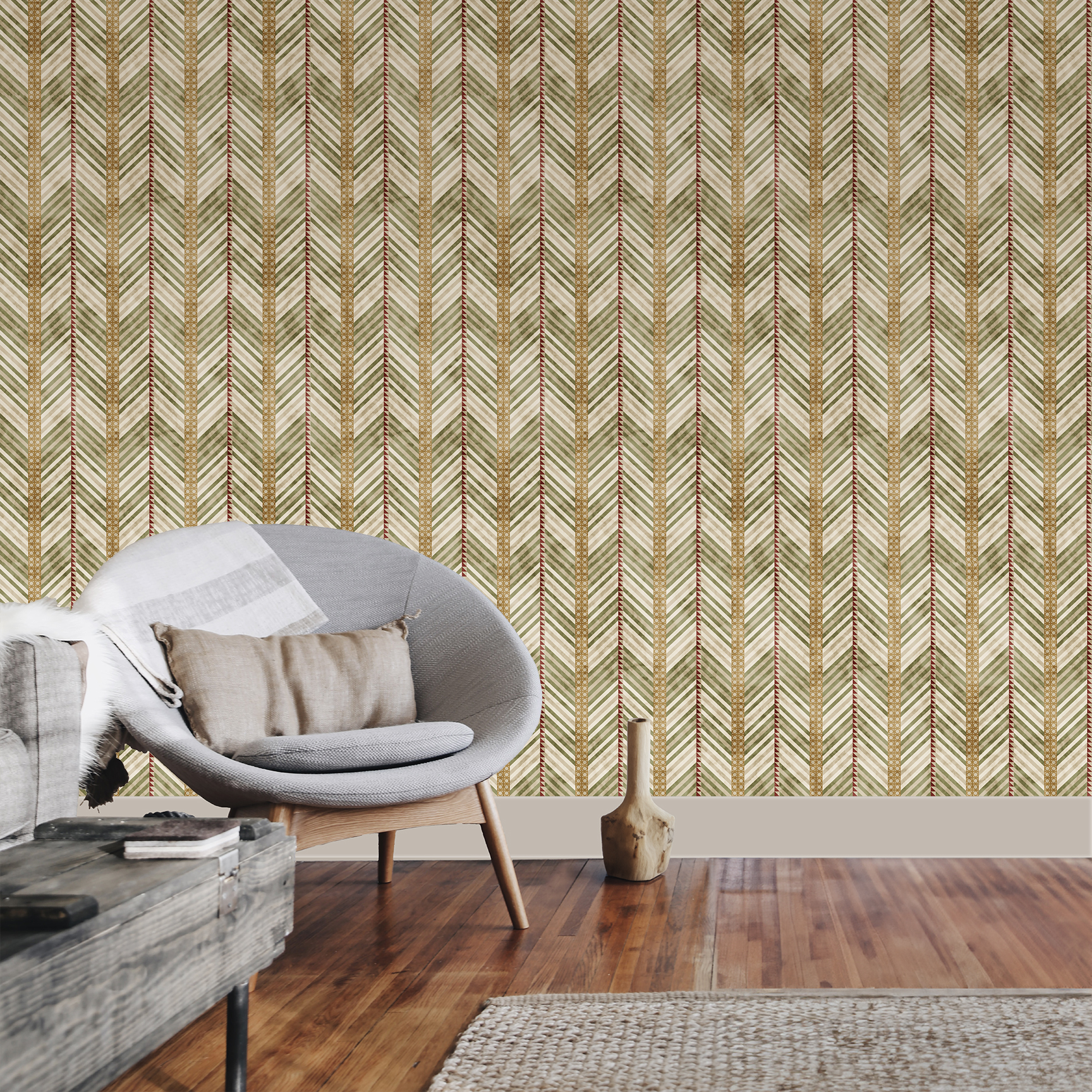 The artwork is a geometric composition featuring a symmetrical design dominated by diagonal stripes in shades of tan, rust and green. The central area is divided into four quadrants by two intersecting dark purple bands. Each quadrant contains diagonal stripes that create a chevron pattern, alternating between lavender and green hues. Vertical bands with circular motifs in black frame the central quadrants on the left and right sides. The outer edges are decorated with semicircular and triangular shapes, adding contrast with bold green and white patterns.The interplay of pastel colors and geometric forms gives the artwork a structured yet visually engaging appearance.