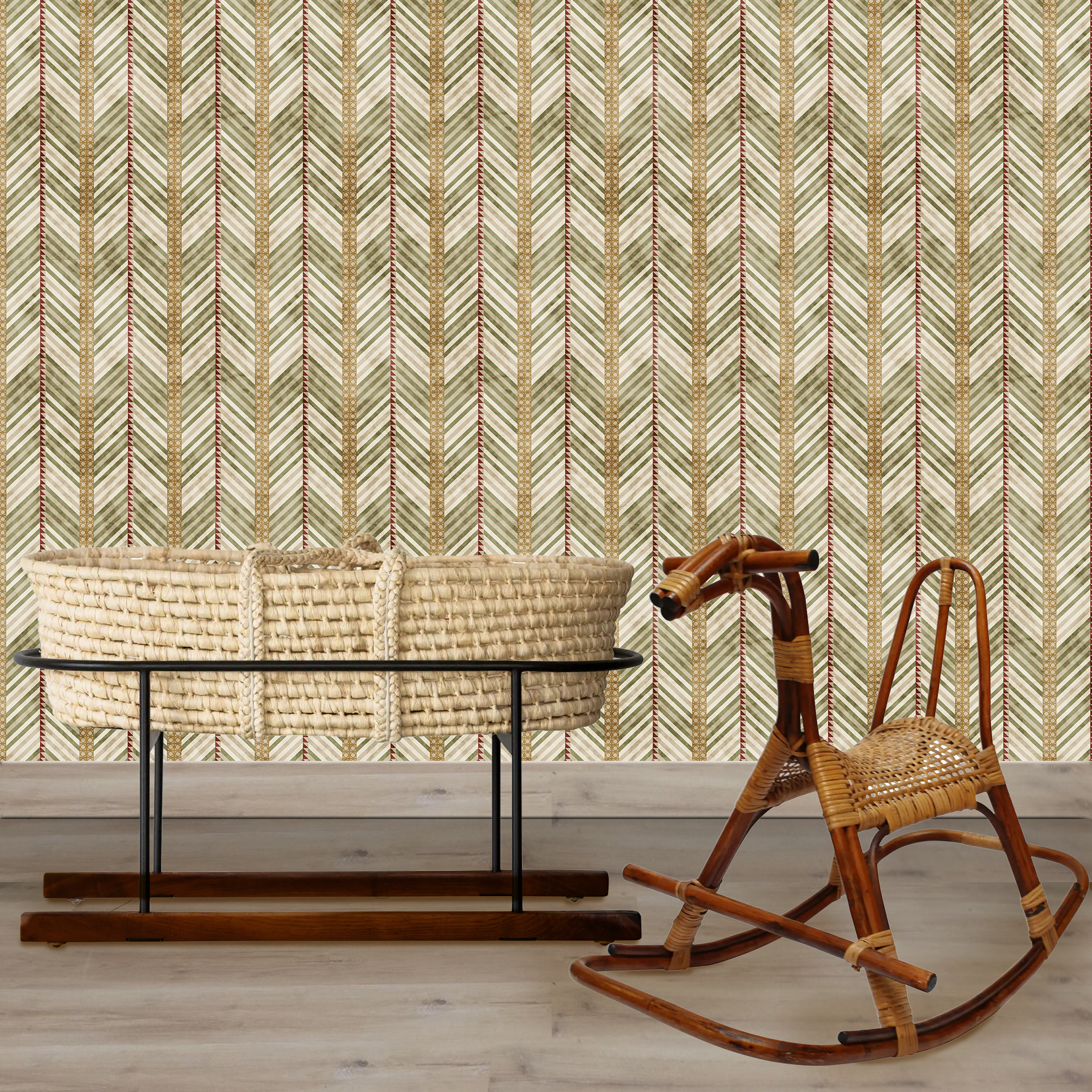 The artwork is a geometric composition featuring a symmetrical design dominated by diagonal stripes in shades of tan, rust and green. The central area is divided into four quadrants by two intersecting dark purple bands. Each quadrant contains diagonal stripes that create a chevron pattern, alternating between lavender and green hues. Vertical bands with circular motifs in black frame the central quadrants on the left and right sides. The outer edges are decorated with semicircular and triangular shapes, adding contrast with bold green and white patterns.The interplay of pastel colors and geometric forms gives the artwork a structured yet visually engaging appearance.