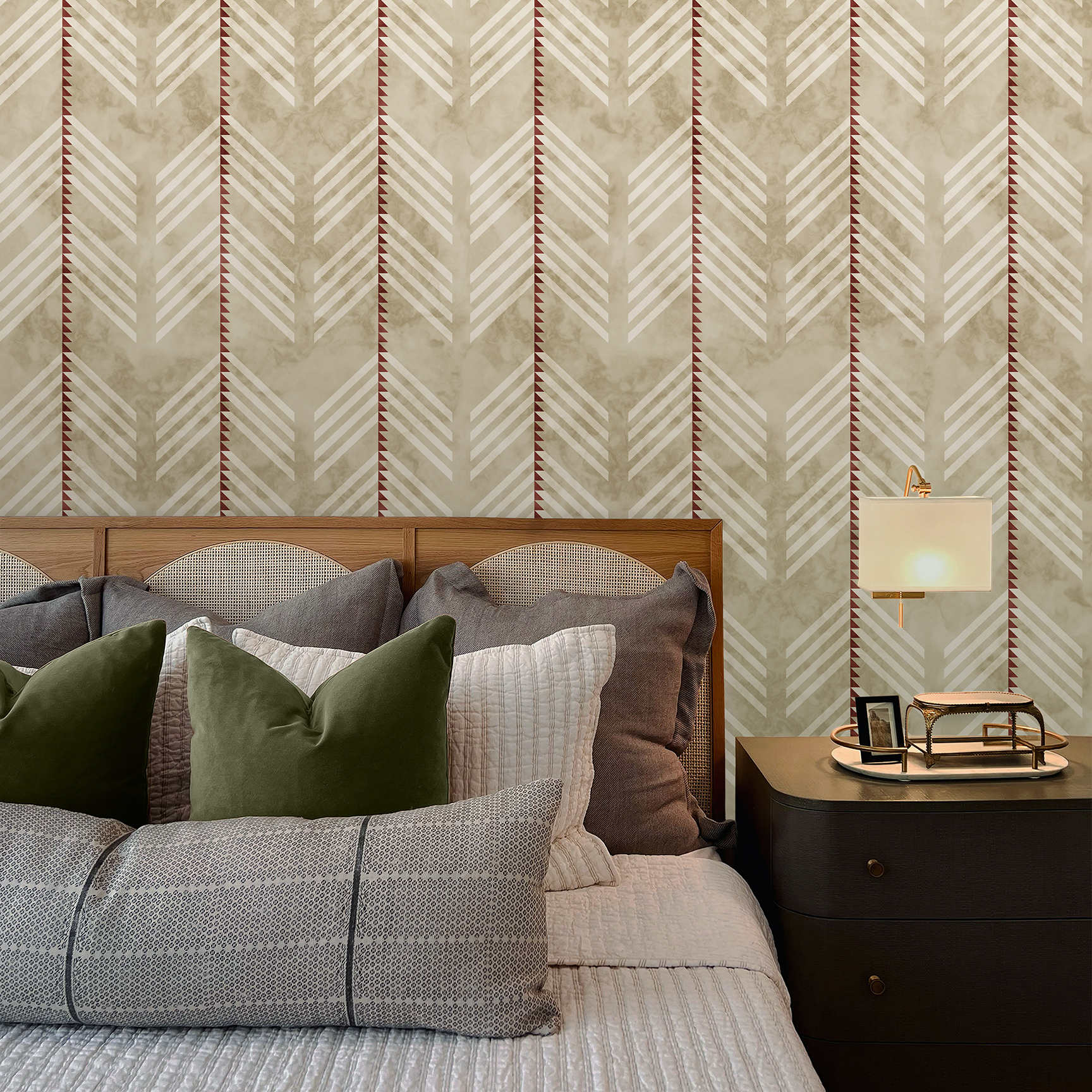 The artwork is a geometric composition featuring a symmetrical design dominated by diagonal stripes in shades of tan, rust and green. The central area is divided into four quadrants by two intersecting dark purple bands. Each quadrant contains diagonal stripes that create a chevron pattern, alternating between lavender and green hues. Vertical bands with circular motifs in black frame the central quadrants on the left and right sides. The outer edges are decorated with semicircular and triangular shapes, adding contrast with bold green and white patterns.The interplay of pastel colors and geometric forms gives the artwork a structured yet visually engaging appearance..