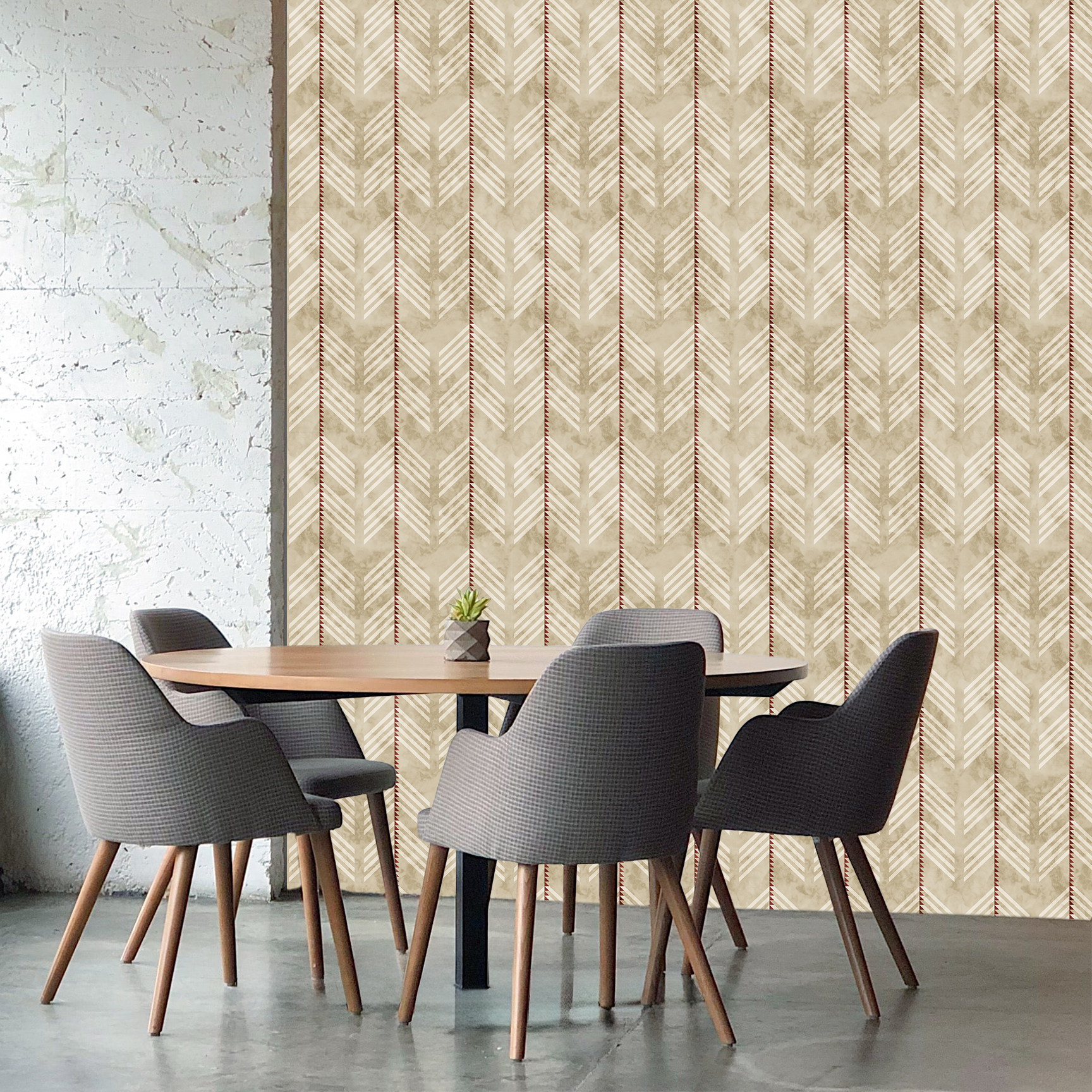 The artwork is a geometric composition featuring a symmetrical design dominated by diagonal stripes in shades of tan, rust and green. The central area is divided into four quadrants by two intersecting dark purple bands. Each quadrant contains diagonal stripes that create a chevron pattern, alternating between lavender and green hues. Vertical bands with circular motifs in black frame the central quadrants on the left and right sides. The outer edges are decorated with semicircular and triangular shapes, adding contrast with bold green and white patterns.The interplay of pastel colors and geometric forms gives the artwork a structured yet visually engaging appearance.