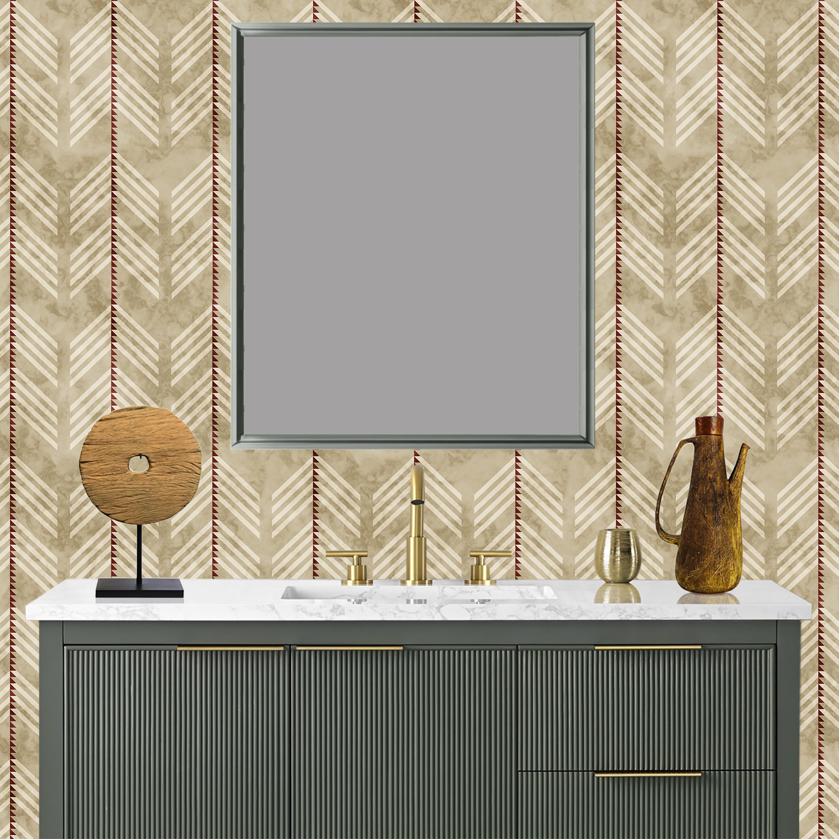 The artwork is a geometric composition featuring a symmetrical design dominated by diagonal stripes in shades of tan, rust and green. The central area is divided into four quadrants by two intersecting dark purple bands. Each quadrant contains diagonal stripes that create a chevron pattern, alternating between lavender and green hues. Vertical bands with circular motifs in black frame the central quadrants on the left and right sides. The outer edges are decorated with semicircular and triangular shapes, adding contrast with bold green and white patterns.The interplay of pastel colors and geometric forms gives the artwork a structured yet visually engaging appearance.