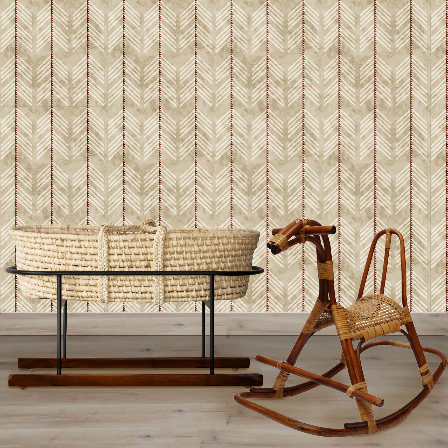 The artwork is a geometric composition featuring a symmetrical design dominated by diagonal stripes in shades of tan, rust and green. The central area is divided into four quadrants by two intersecting dark purple bands. Each quadrant contains diagonal stripes that create a chevron pattern, alternating between lavender and green hues. Vertical bands with circular motifs in black frame the central quadrants on the left and right sides. The outer edges are decorated with semicircular and triangular shapes, adding contrast with bold green and white patterns.The interplay of pastel colors and geometric forms gives the artwork a structured yet visually engaging appearance.