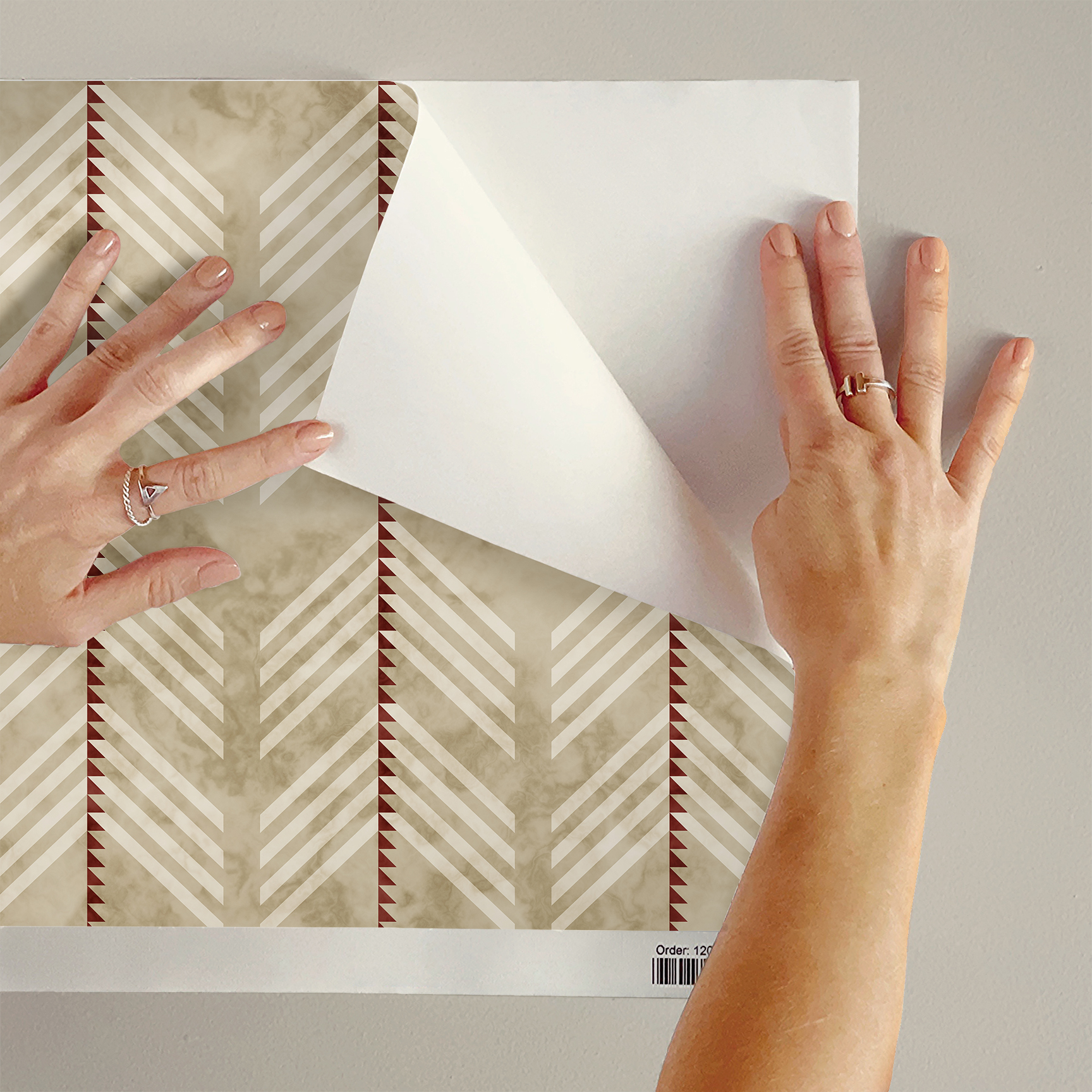 The artwork is a geometric composition featuring a symmetrical design dominated by diagonal stripes in shades of tan, rust and green. The central area is divided into four quadrants by two intersecting dark purple bands. Each quadrant contains diagonal stripes that create a chevron pattern, alternating between lavender and green hues. Vertical bands with circular motifs in black frame the central quadrants on the left and right sides. The outer edges are decorated with semicircular and triangular shapes, adding contrast with bold green and white patterns.The interplay of pastel colors and geometric forms gives the artwork a structured yet visually engaging appearance.